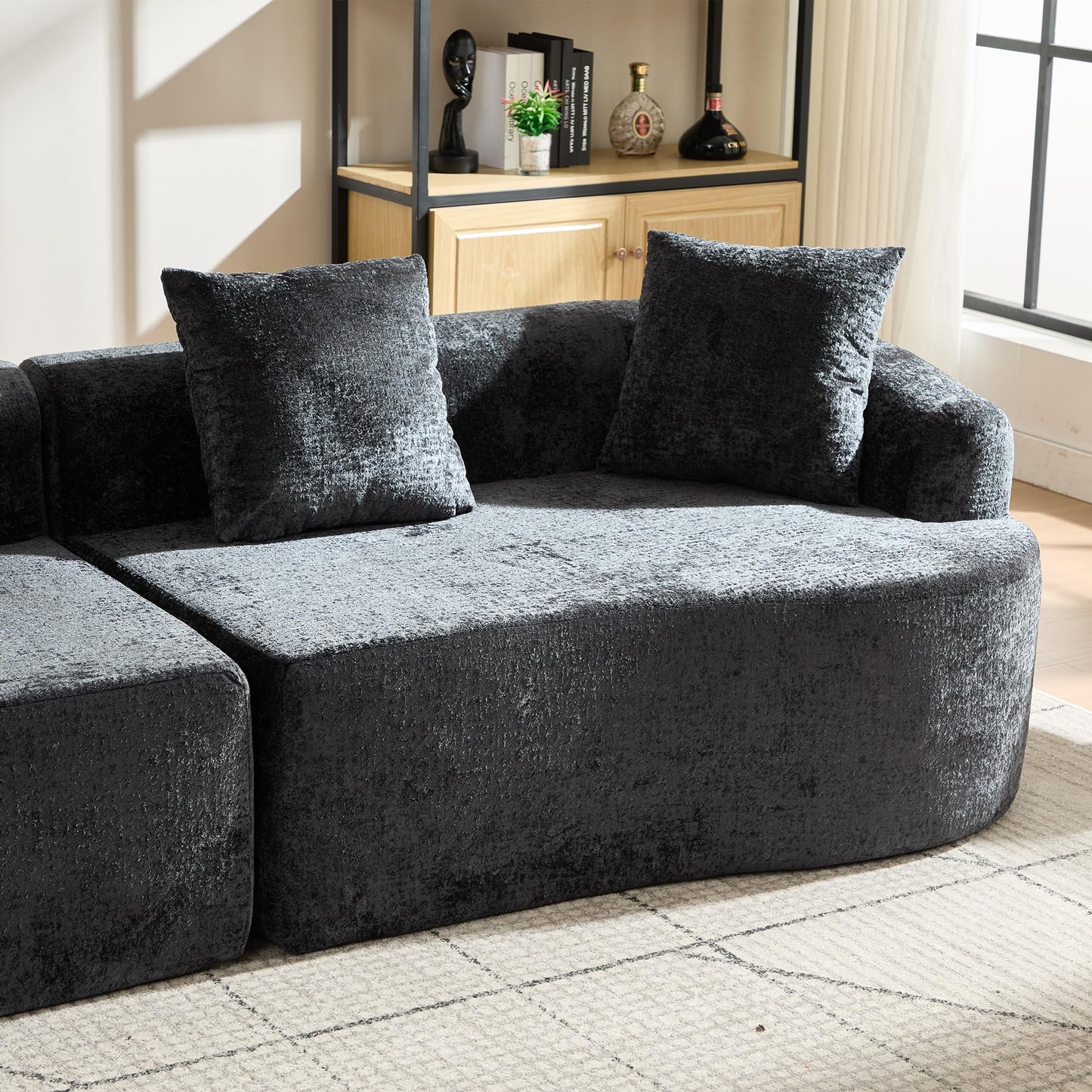 Sectional Sofa, Curved Cloud Sofa Couch, Chenille Full Sponge Chaise for Living Room, Apartment (Black, 110 Inch)