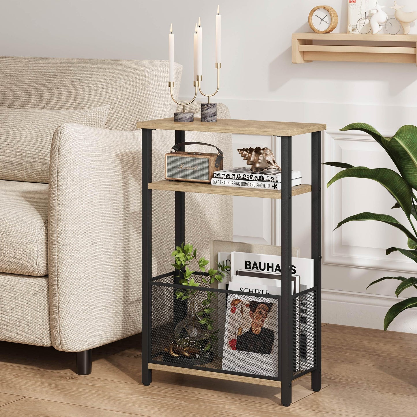 MMEOLUOOK Narrow Side Table with Storage Basket Skinny End Tables for Smalls Spaces 3 Tier Sofa Table Small Nightstand Slim Bedside Table for Living Room Bedroom Greige MLBZ22GR