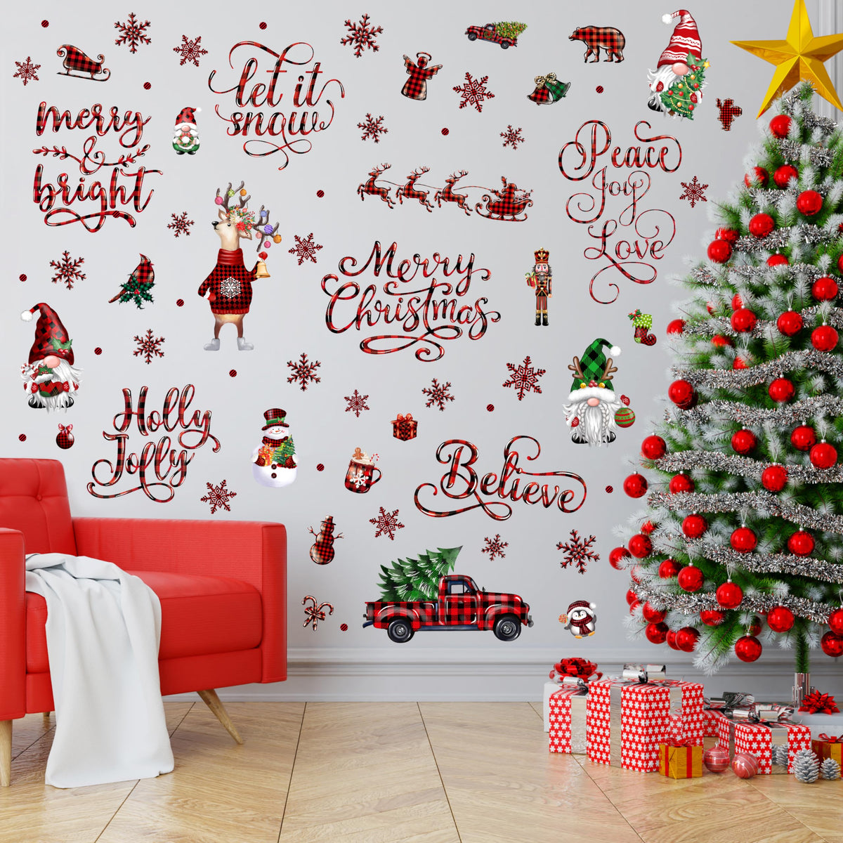 Christmas Wall Stickers Decoration 12 Sheets, Buffalo Plaid Christmas Wall Decals Holiday Letter Trees Decor, Winter Snowflake Vinyl Stickers for Living Room Bedroom Home Office