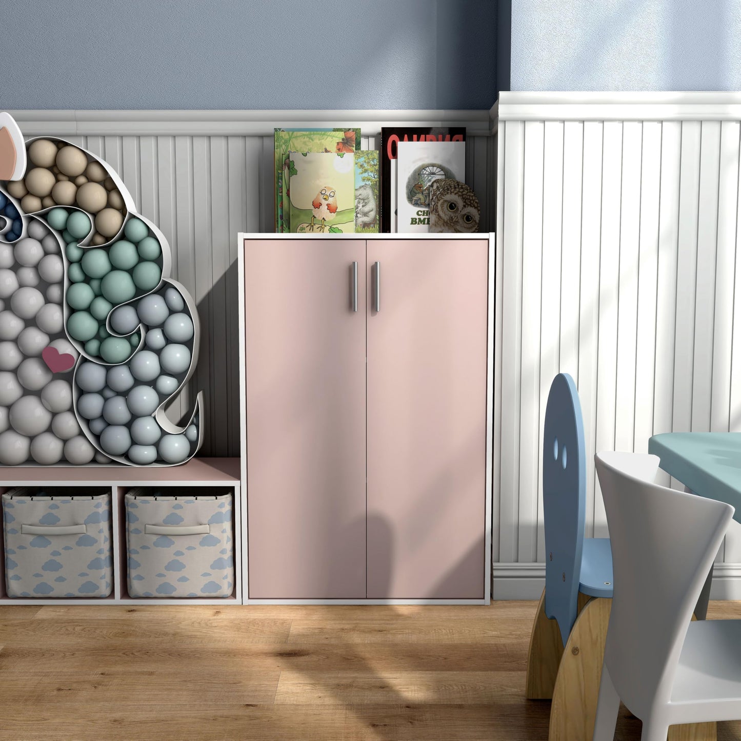 Homes: Inside + Out Apexa 3-Tier Stackable Wood Bookcase with Doors, Cube Storage Organizer Shelves, Small Food Pantry Cabinet, Dorm Teen Room Decor & Bedroom, Home Office, Kitchen, Light Pink