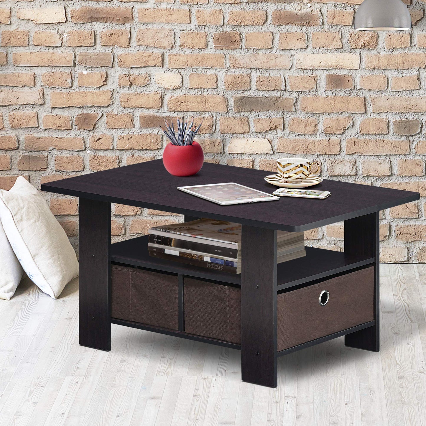 Furinno Andrey Coffee Table with Bin Drawer, Dark Walnut