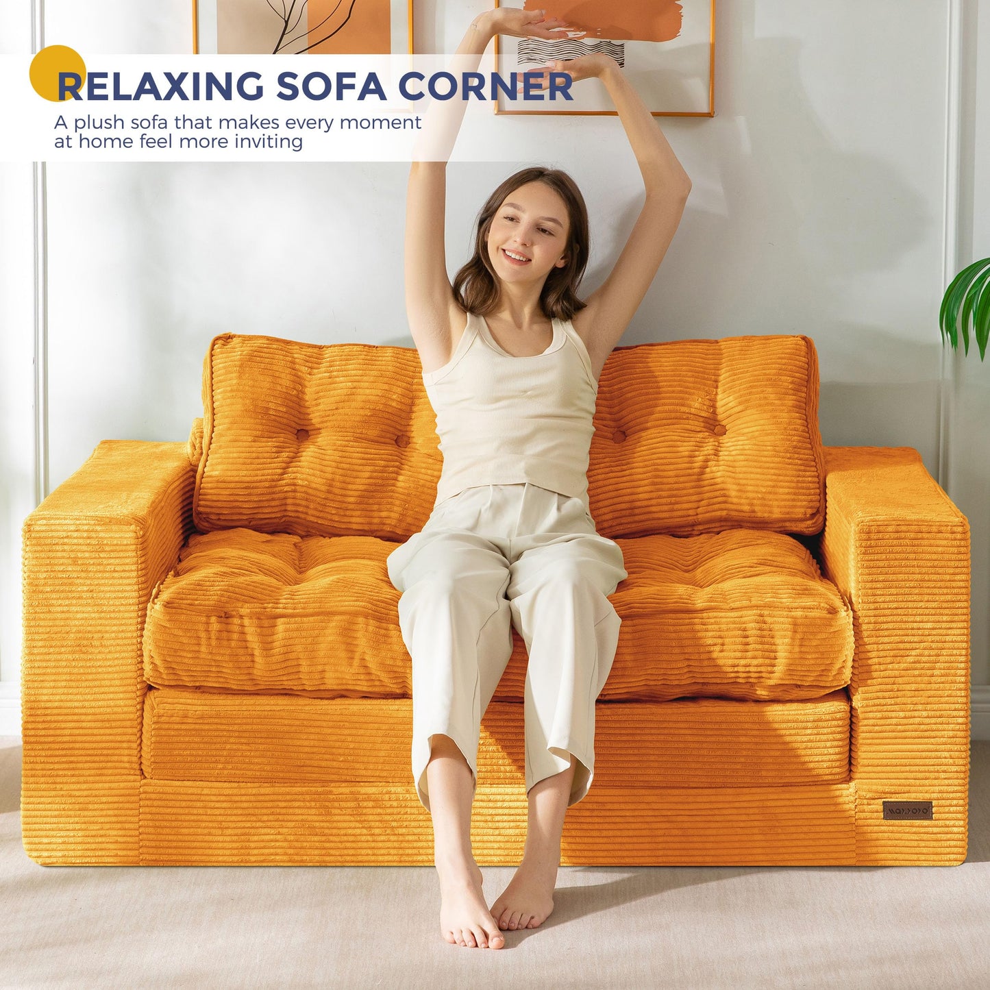 MAXYOYO Convertible Sofa Bed, Pull Out Loveseat Sofa Couch, 2 in 1 Folding Couch Bed, Fold Out Floor Couch with Pillows for Living Room Bedroom Lounge, Orange