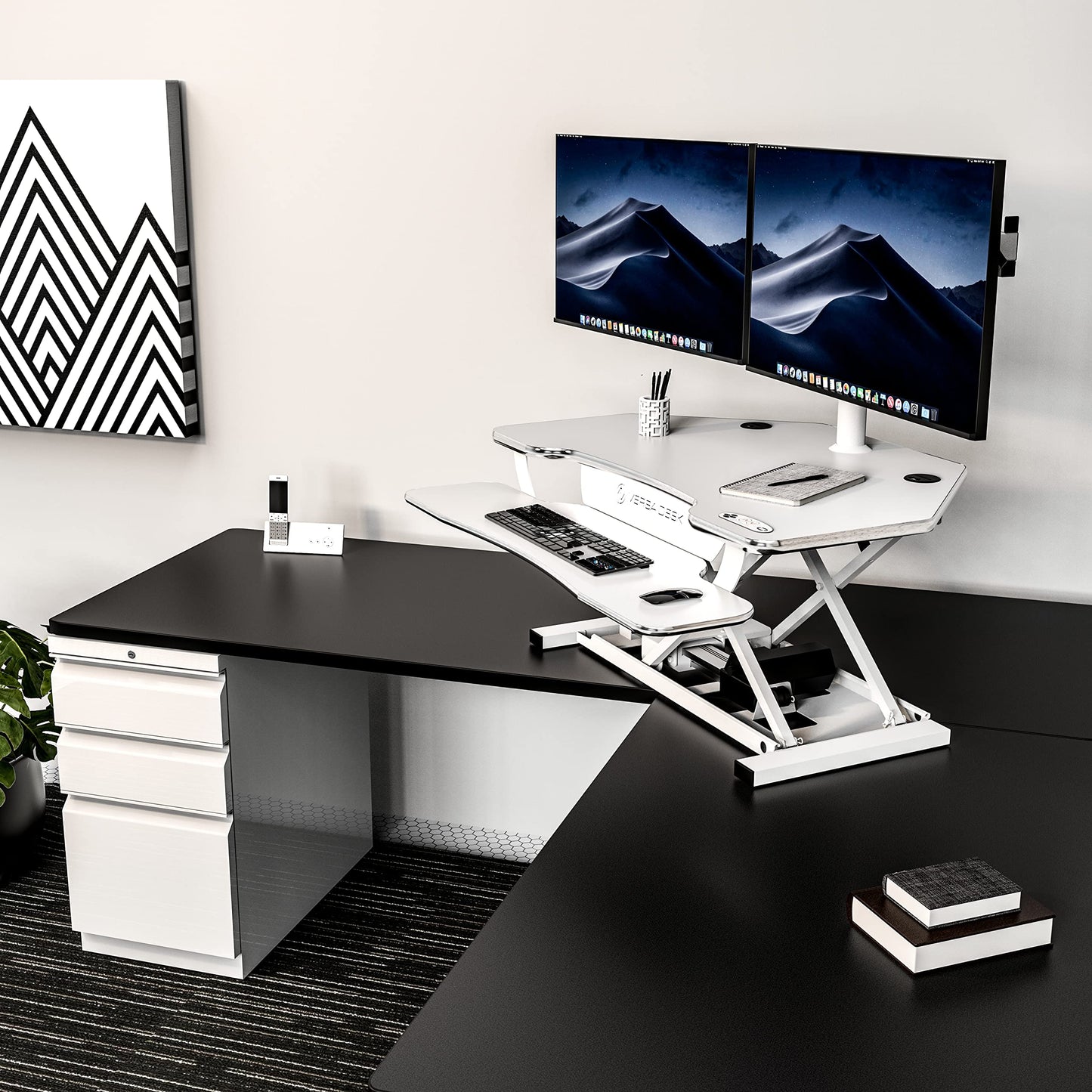 VERSADESK PowerPro Elite 36” x 31” Smart Corner Standing Desk Converter | Mobile App Adjustable Sit-Stand Desk Riser w/Keyboard Tray & USB & USBC Ports | for Home or Office - White