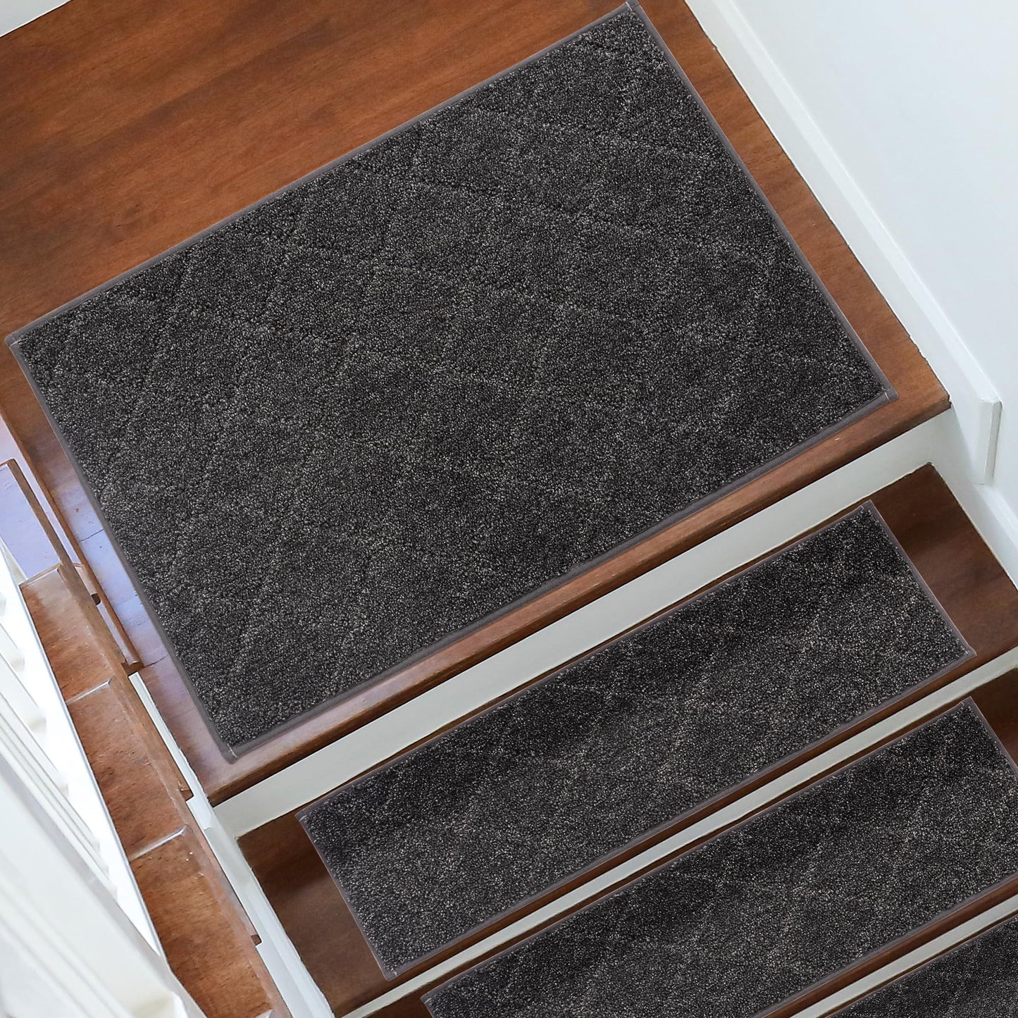COSY HOMEER Edging Stair Treads Non-Slip Corner Indoor Stair Runners for Wooden Steps,Landing Slip Resistant Stair Rugs for Kids and Dogs, 100% Polyester TPE Backing,Black,20"X32"