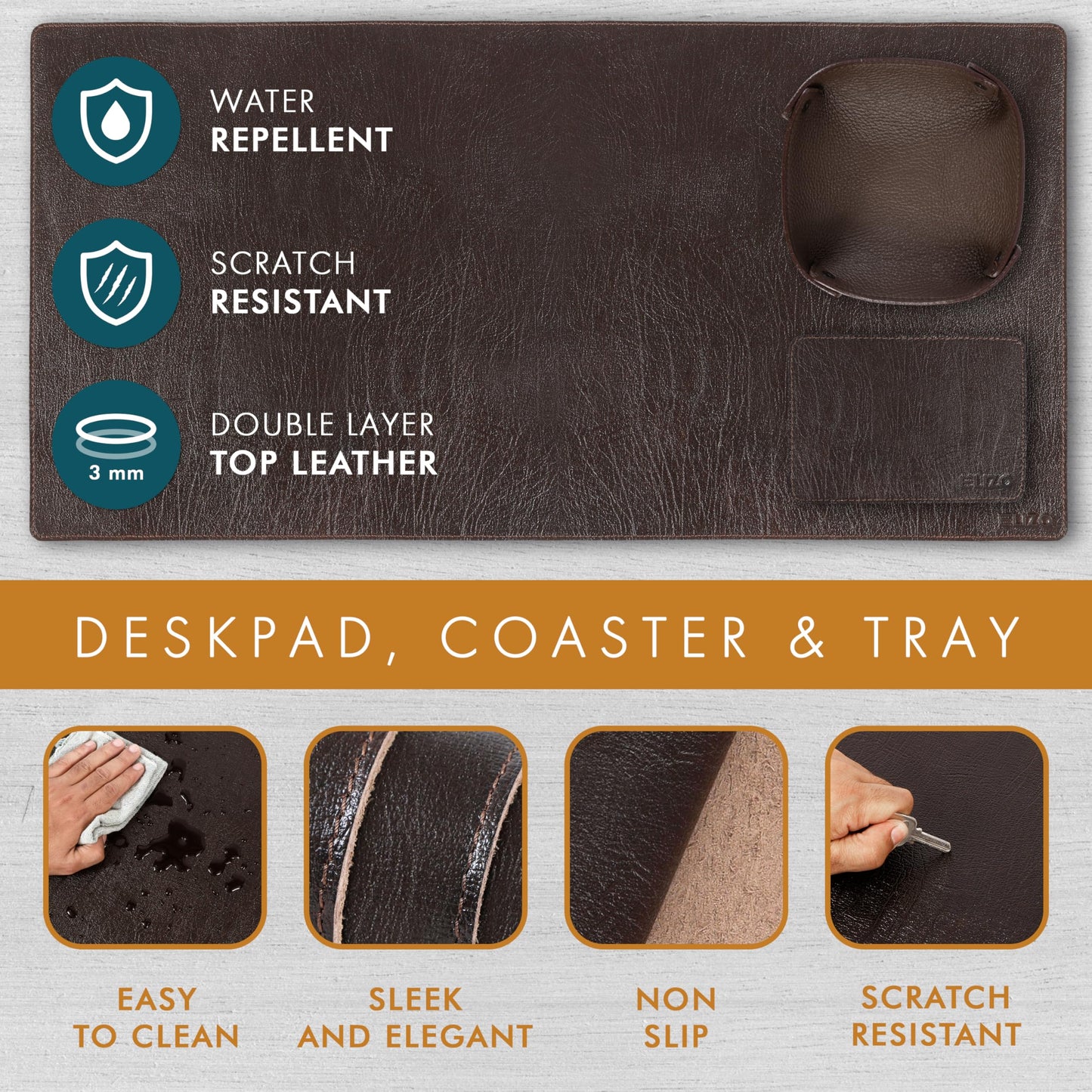 ELIZO Leather Desk Pad Real Leather Desk Mat Thick (3mm) Double Layer (32x16) Cover Blotter Desk Protector Large Computer Mat for Keyboard Mouse Pad Table Laptop Mat Office Accessories - Espresso