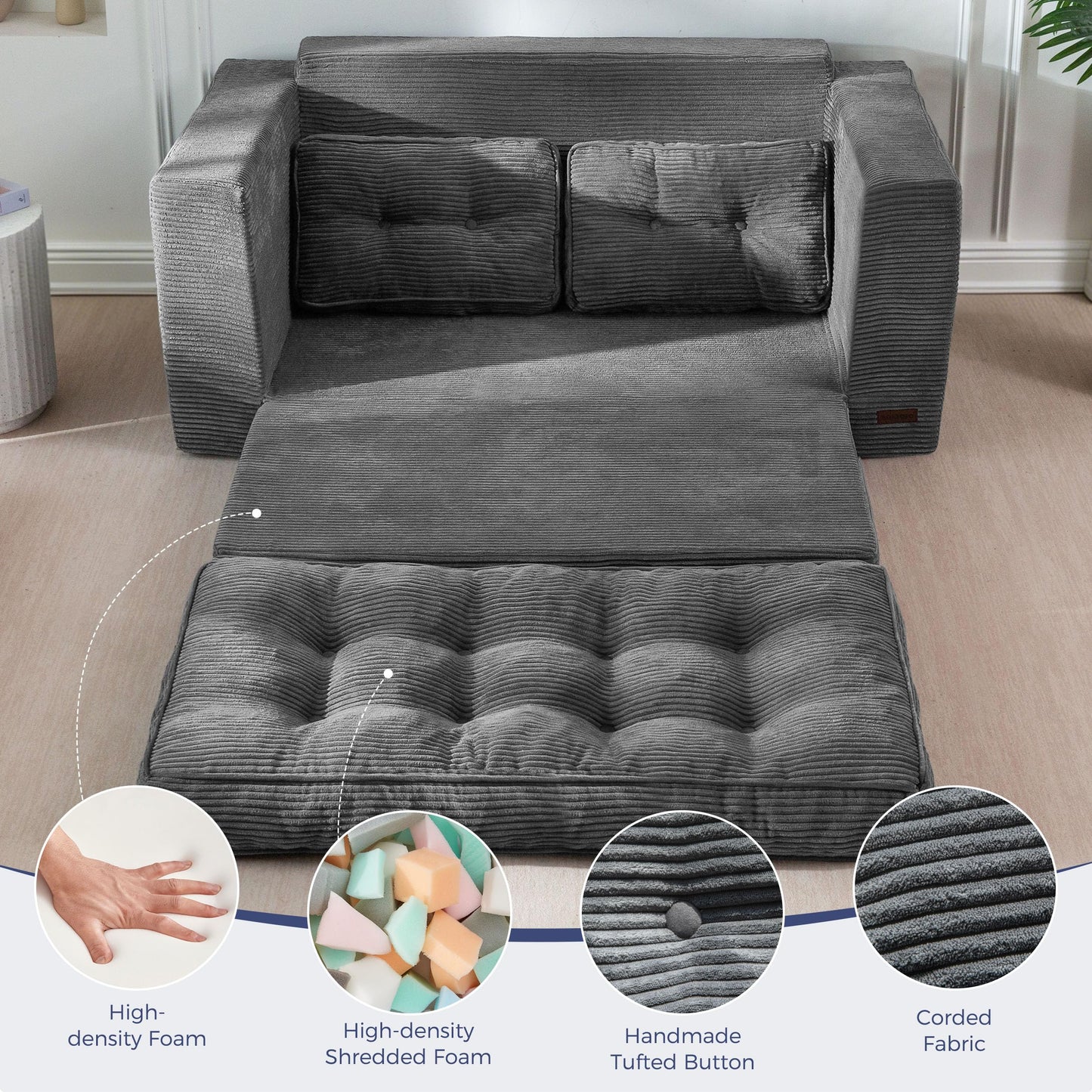 MAXYOYO Convertible Sofa Bed, Loveseat Sofa Couch for Adults, 2 in 1 Folding Couch Bed, Fold Out Floor Couch for Living Room Bedroom Lounge, Dark Grey