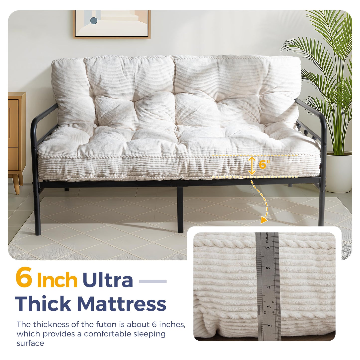 MAXYOYO 6" Futon Mattress Full Size, Tufted Futons Sofa Couch with Twisted Rope Design Edging, Thick Corded Fabric Floor Mattress for Adults, Shredded Foam Filling (Frame Not Included), Beige