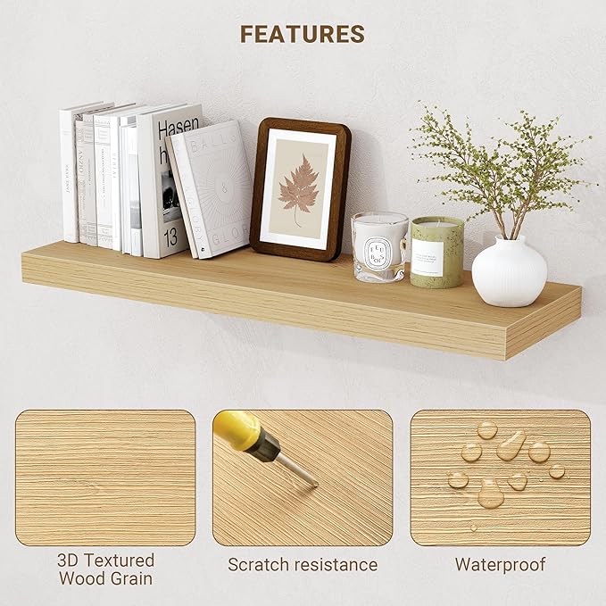 Acovy 48 Inch Floating Shelves, 3D Textured Wood Grain, Wooden Shelves