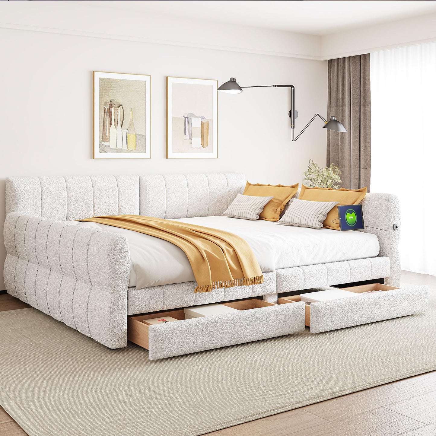 Ball & Cast Queen Size Daybed with Storage Drawers and USB Port,Upholstered Day Bed Frame with Channel Tufted Backrest and Armrest, Boucle Fabric,No Box Spring Needed,White