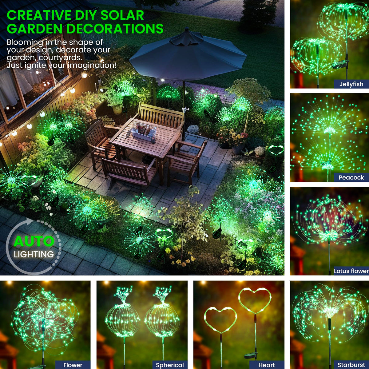 GIGALUMI Garden Outdoor Decor Lights 120LED 4Pack, Solar Garden Lights for Yard Outside Fairy Decorative,Solar Powered for Yard Pathway Flowerbed Planter Balcony Patio Decor（Green）
