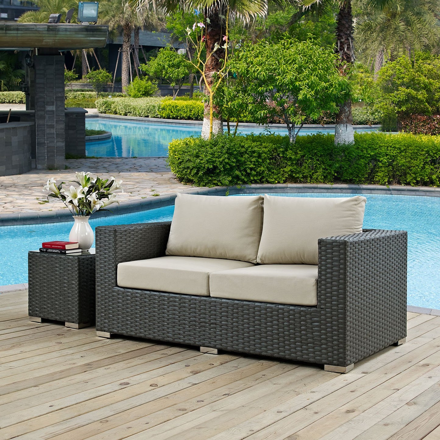 Modway EEI-1851-CHC-BEI Sojourn Wicker Rattan Outdoor Patio Coffee Table, Loveseat, Canvas Antique Beige