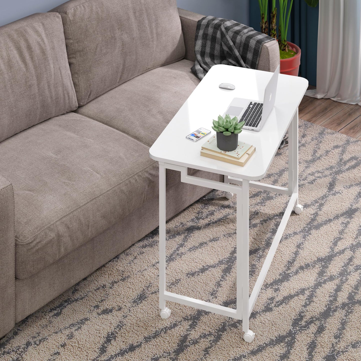 4NM 27.5" Mobile Small Rolling Computer Desk, Folding Laptop Cart Table with Wheels, Portable Office Desk for Small Space Couch Bed - All White