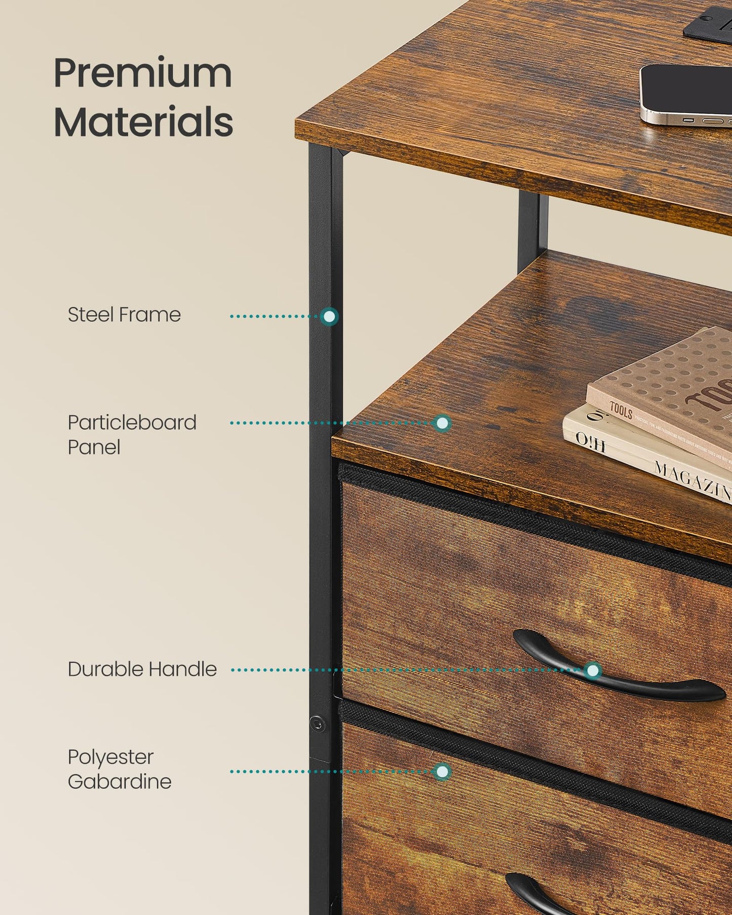 SONGMICS BELLAH Collection - Nightstand with Charging Station and App-Controlled Adjustable LED Lights, Bed Side Table, 2 Drawers and 1 Open Shelf, Bedroom, Rustic Brown and Ink Black ULGS302KD01S
