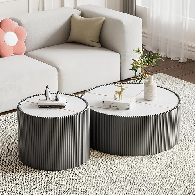 Round Marble Coffee Table Set of 2, 2 Piece White Coffee Table and End Table Set