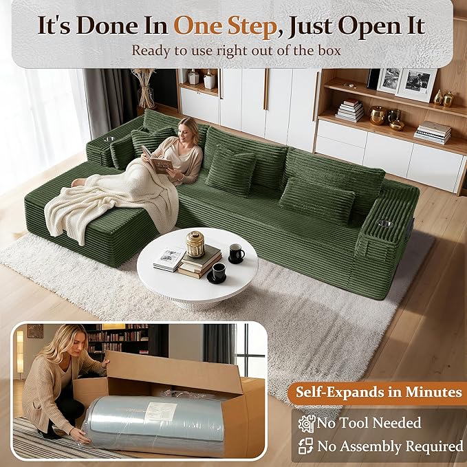 108" Cloud Sectional Couch, Comfort L Shaped Boneless Couch