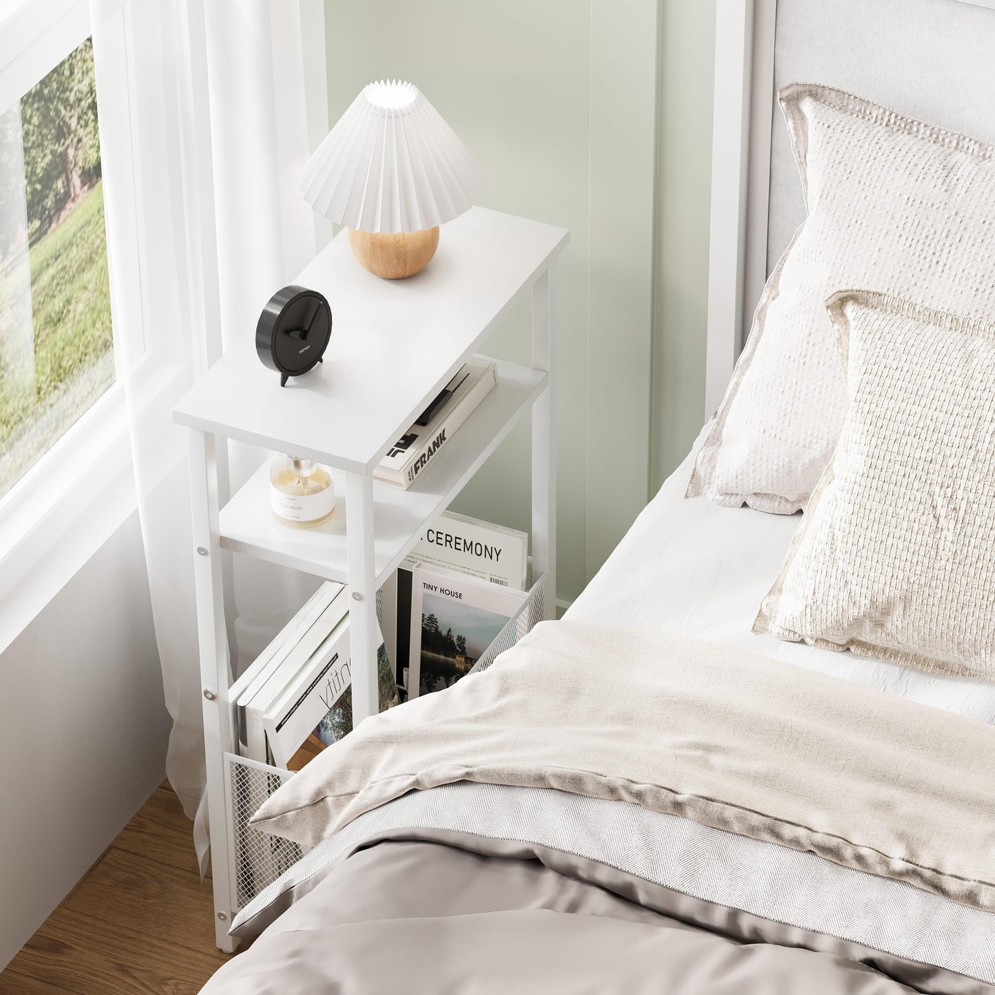 MMEOLUOOK Narrow Side Table with Storage Basket Skinny End Tables for Smalls Spaces 3 Tier Sofa Table Small Nightstand Slim Bedside Table for Living Room Bedroom White MLBZ22W