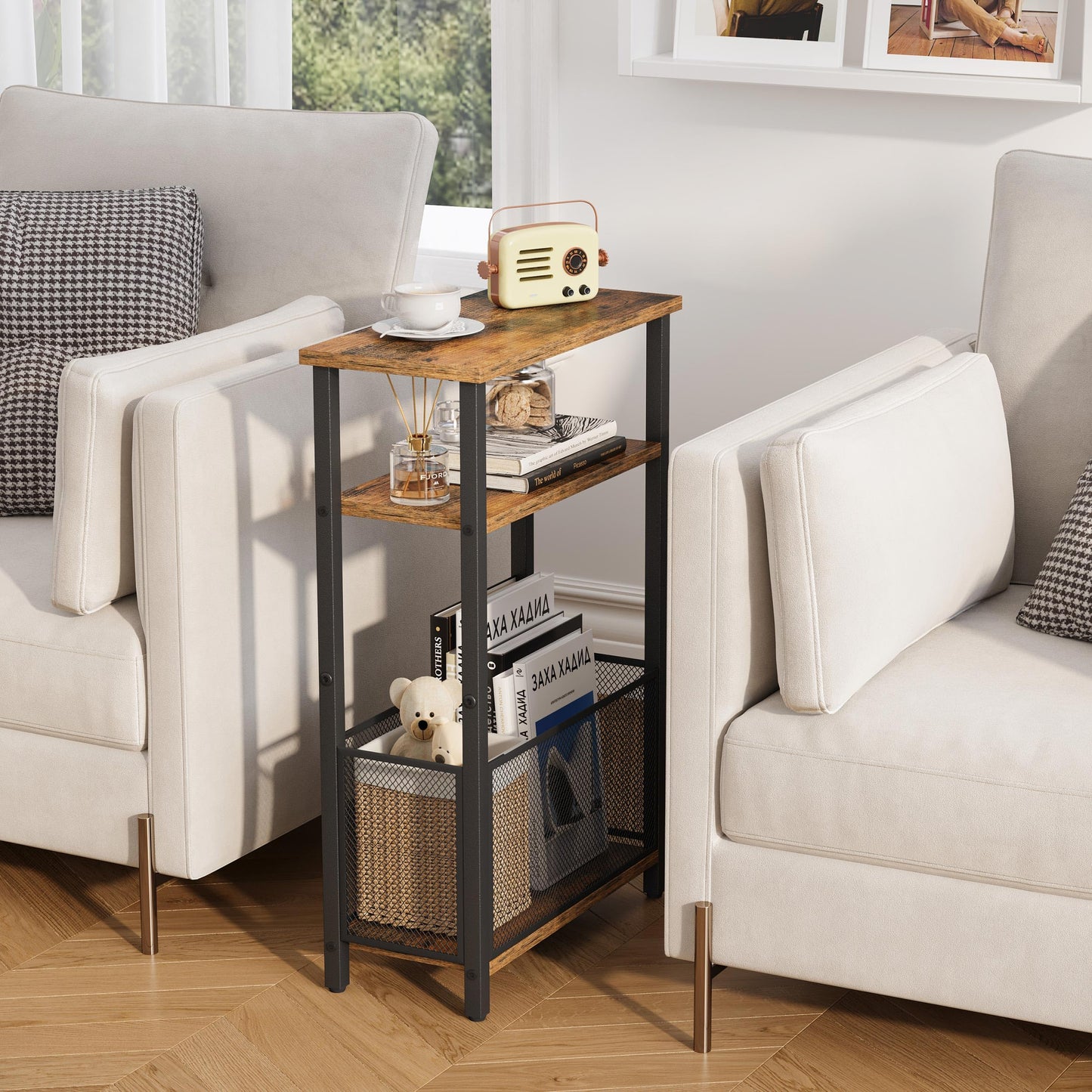 MMEOLUOOK Narrow Side Table with Storage Basket Skinny End Tables for Smalls Spaces 3 Tier Sofa Table Small Nightstand Slim Bedside Table for Living Room Bedroom Rustic Brown MLBZ22RB