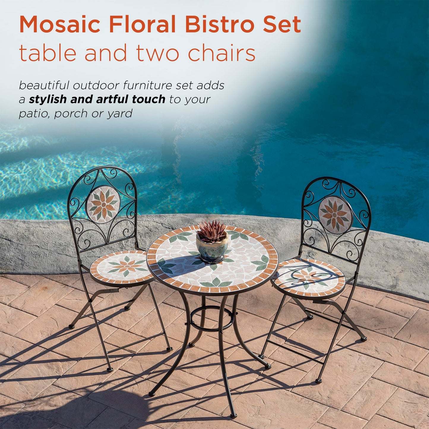Alpine Corporation Indoor/Outdoor 3-Piece Mosaic Bistro Set Folding Table and Chairs Patio Seating, Tan