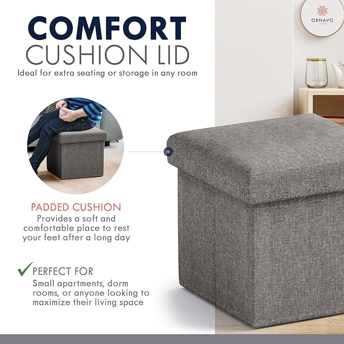 Ornavo Home Small Storage Ottoman Foldable Collapsible Cube Square Linen