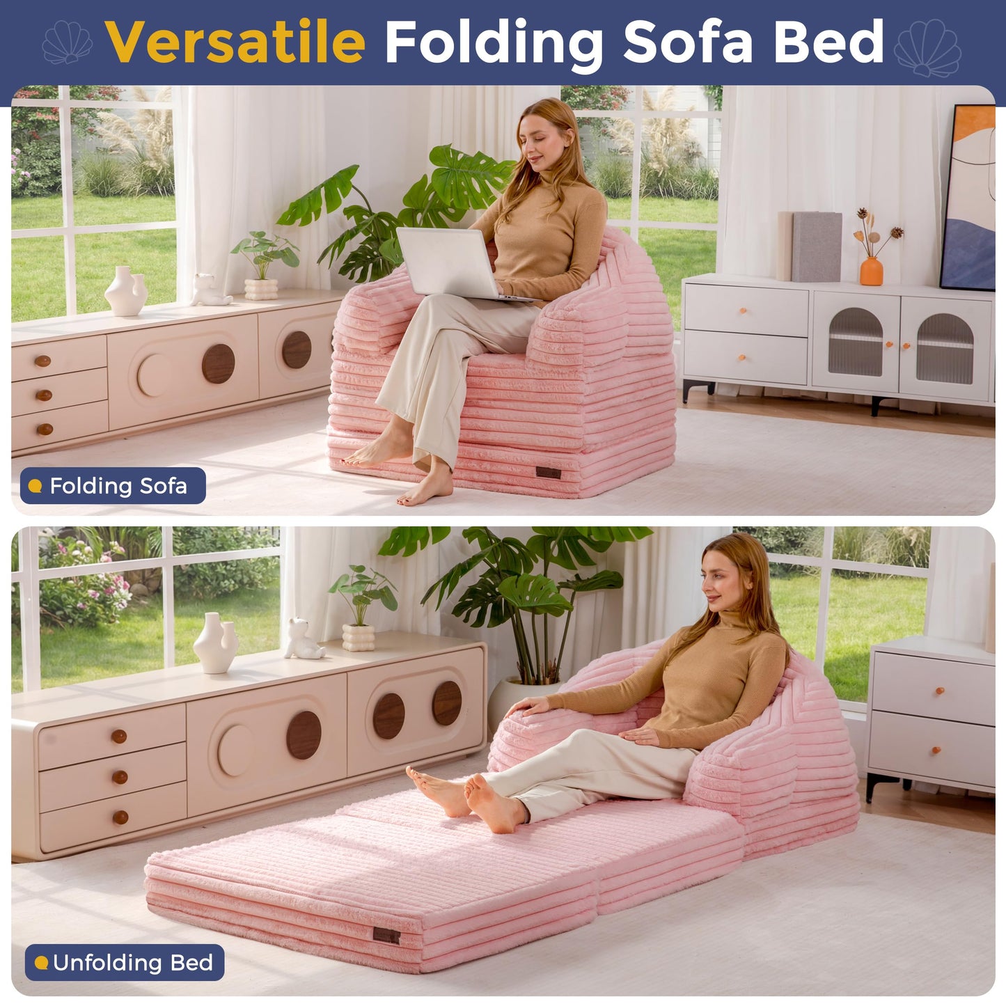 MAXYOYO Folding Sofa Bed, 2 in 1 Convertible Sofa to Lounger Comfy Faux Fur Bean Bag Chair for Adults, Floor Single Couch Chair with Handle, Couch Bed for Living Room Bedroom, Pink