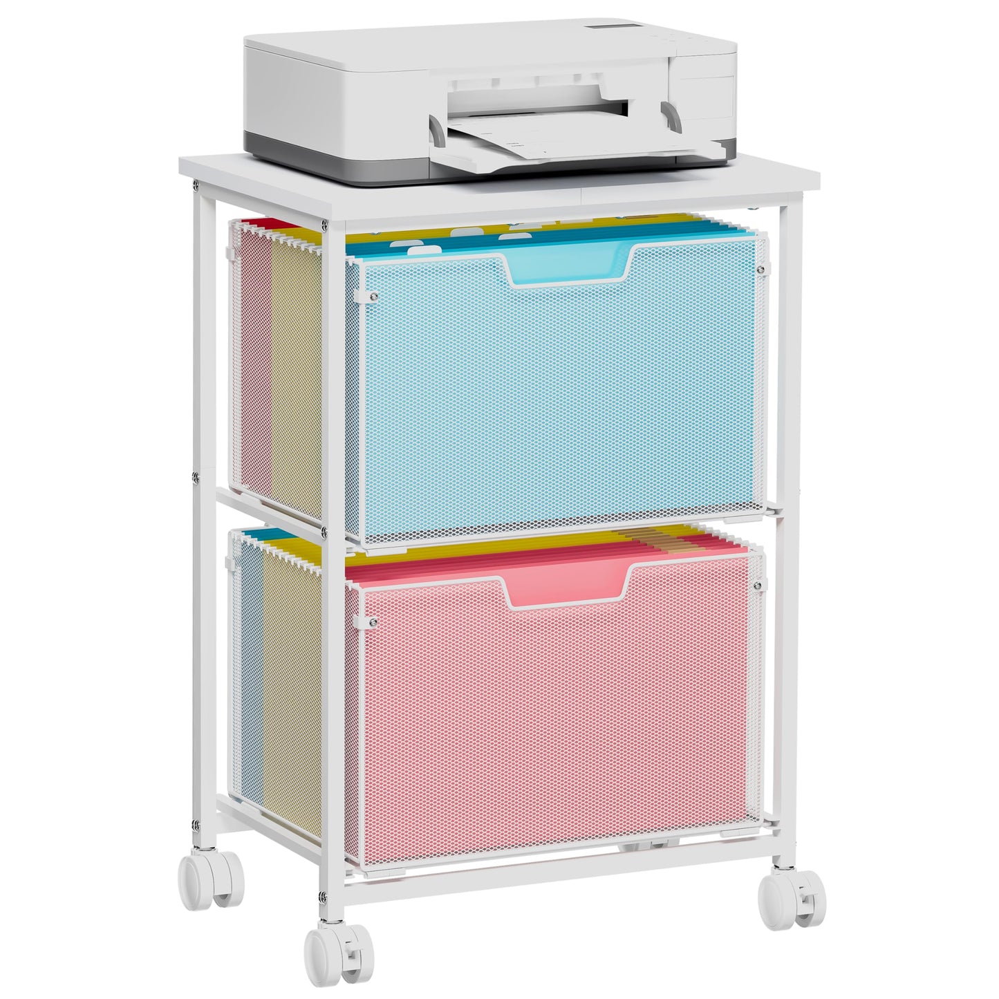 Sbanmao Letter/Legal Rolling File Cabinet, Rolling File Cart with 2 Drawers Filing Cabinet for Home Office, Hanging File Folders Organizer for Under Desk Storage, Mobile Printer Stand, White