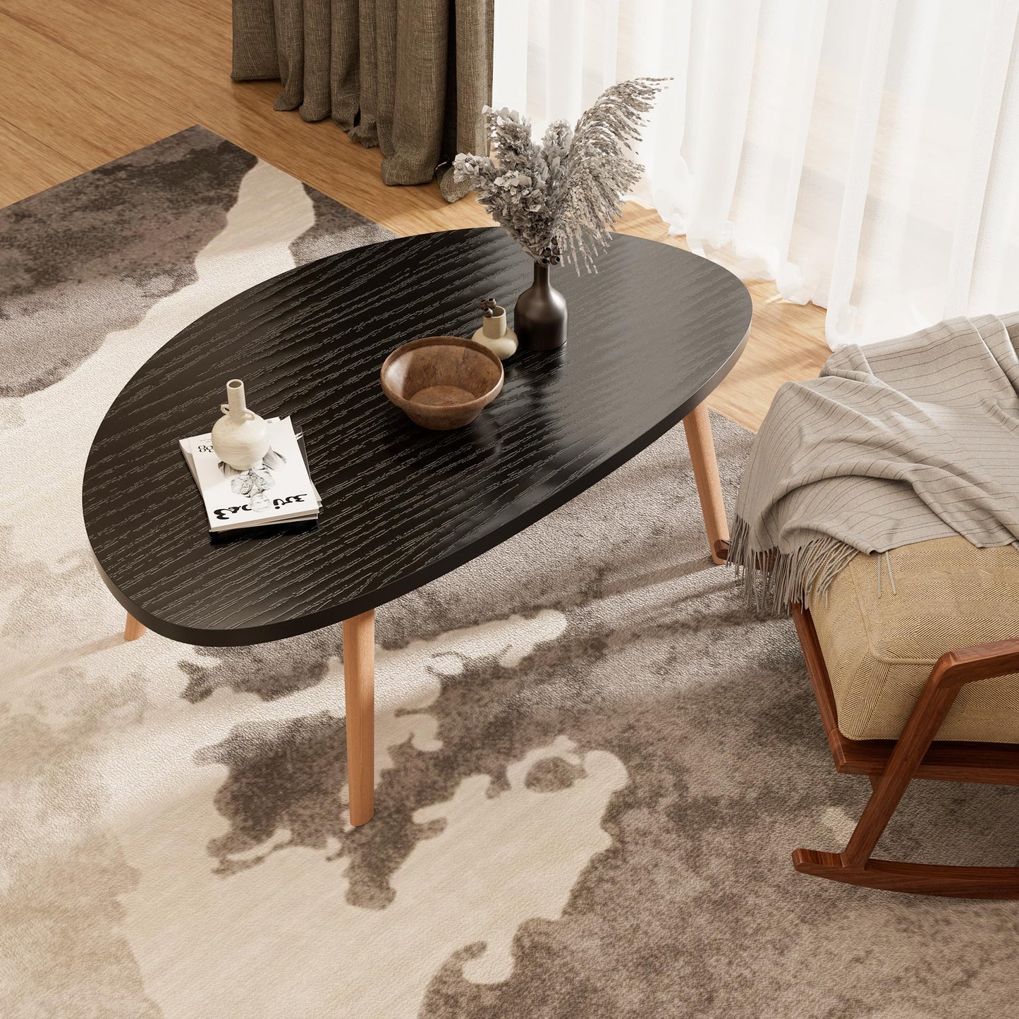 Coffee Table, 31.5“ Low Coffee Tables with Solid Wood Legs, Floor Table Desk for Sitting on The Floor, Easy Assembly Small Japanese Coffee Table for Living Room, Apartment, Office (Large Tri Black)