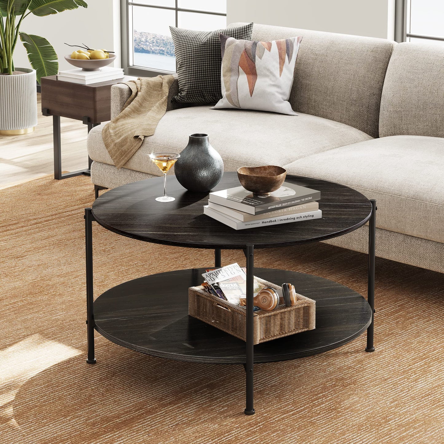 WLIVE Round Coffee Table for Living Room, 32.6" Small Coffee Table with Open Storage Shelf, 2-Tier Industrial Circle Wood Center Table for Bedroom, Home Office, Charcoal Black