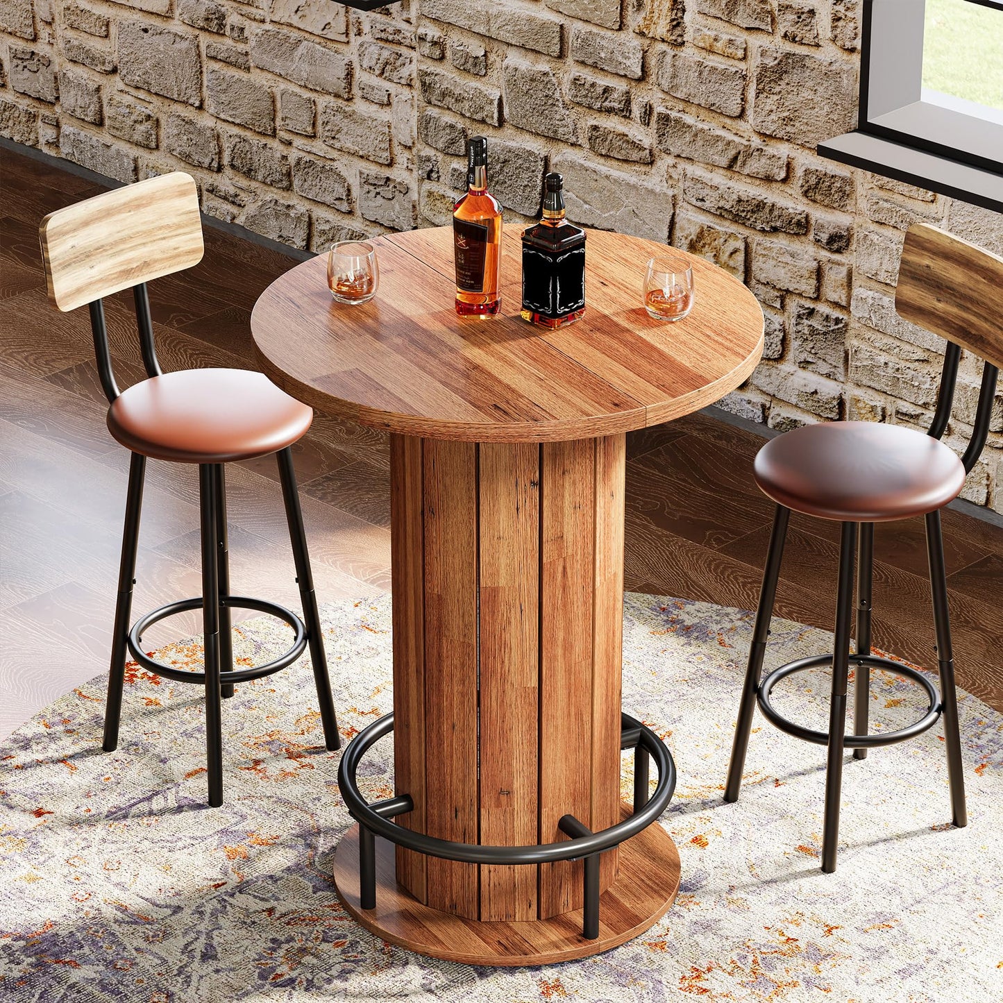 Tribesigns Round Bar Table, 39.4" H Wood Bistro Pub Table with Metal Ring Footrest for Dining Coffee Cocktail Living Room, Small Space, Walnut Brown (Only Table)