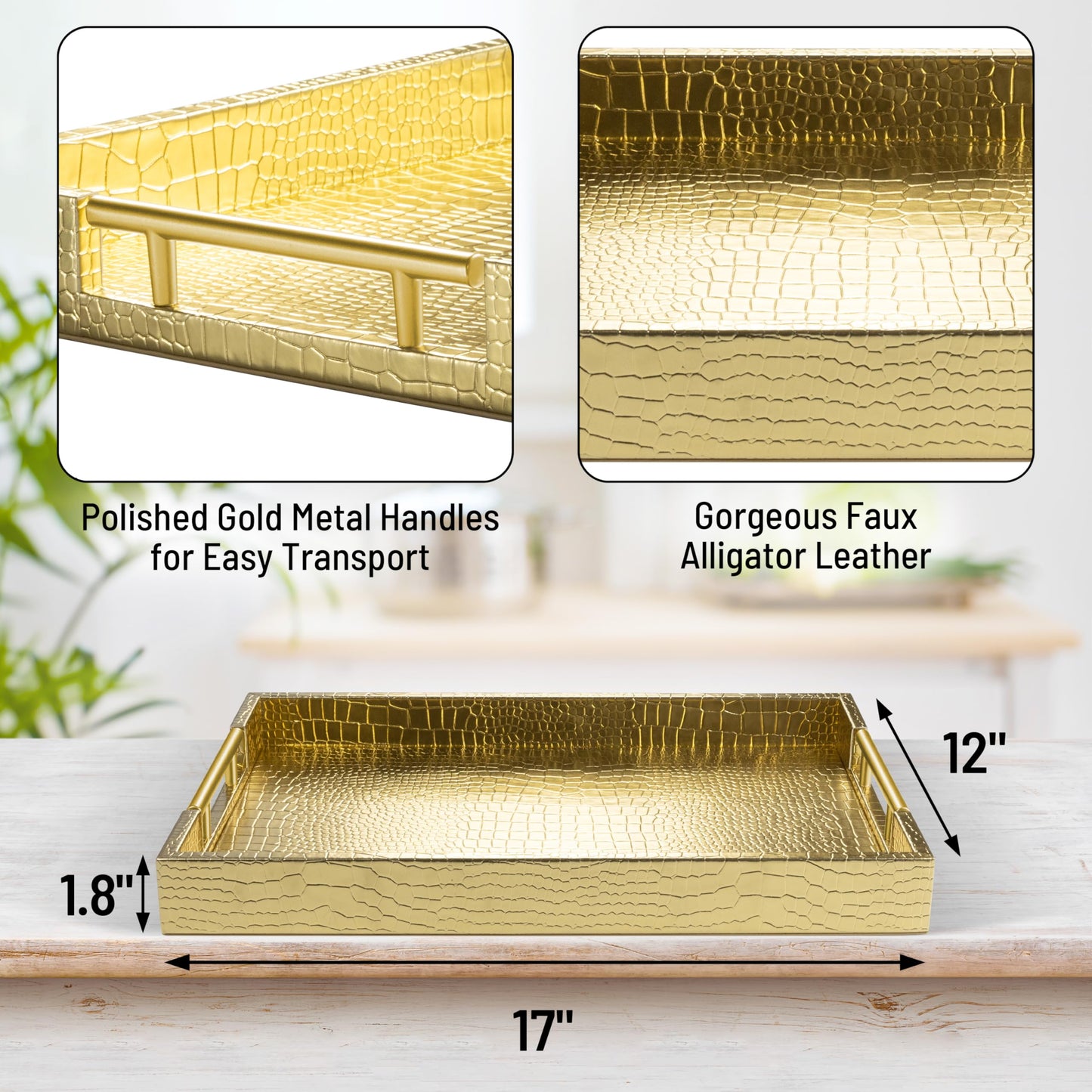 ATZYmolin 17" x 12" Wood Serving Tray with Gold Polished Metal Handles, Home Decorative Wooden Rectangle Ottoman Leather Decor Platter Bathroom Vanity Tray for All Occasions Alligator Gold