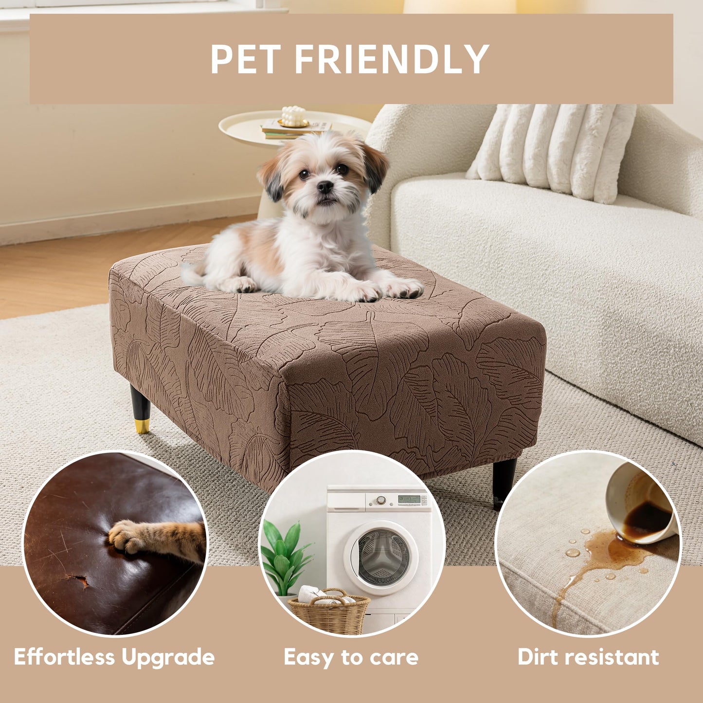 KaviKon Ottoman Cover Square/Rectangle Fit Length 35"-45" Stretch Foot Stool Slip Cover, Footrest Slipcovers Protector with Elastic, Ottoman Cover Removable Washable((Medium-XL,Leaf Coffee)