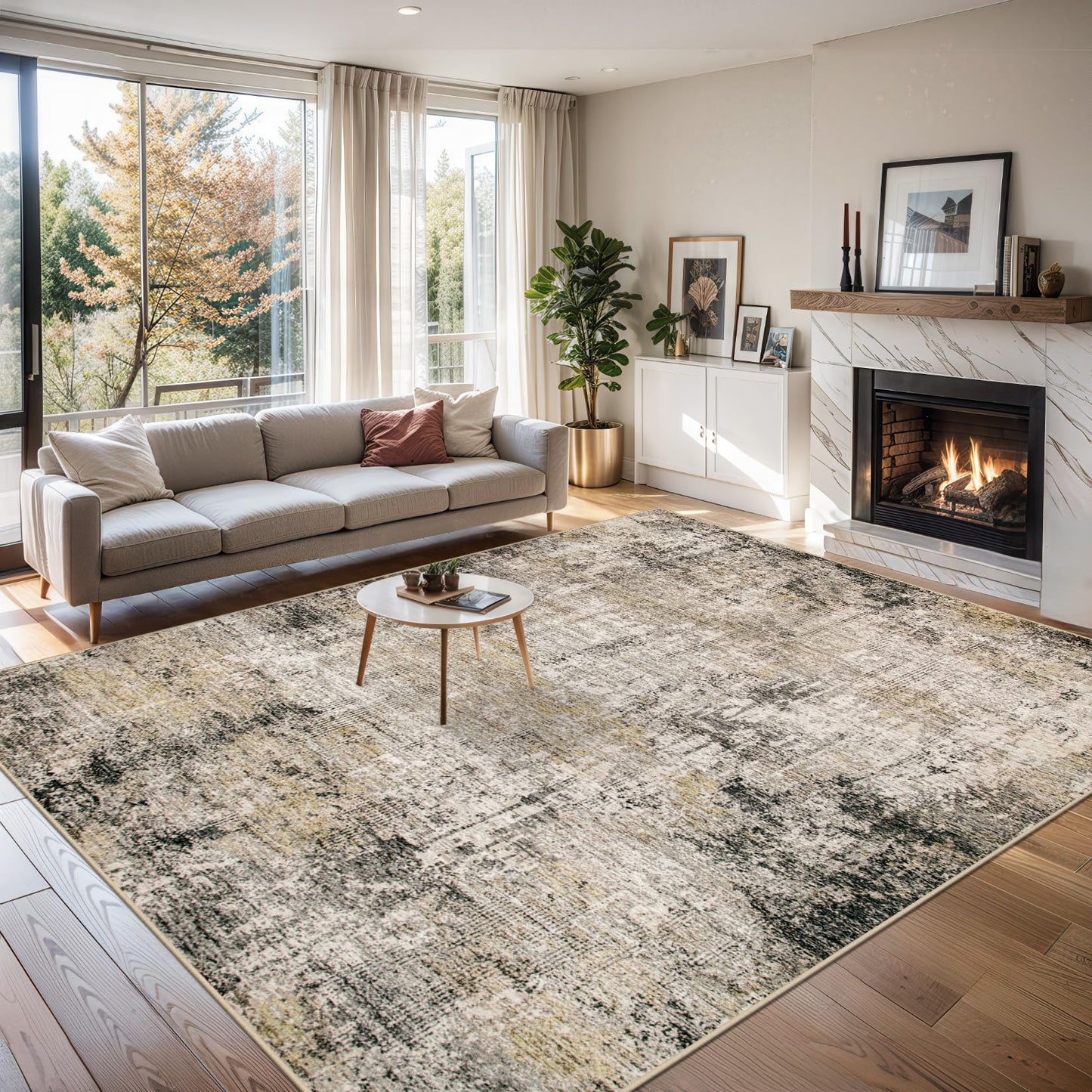 8x10 Area Rugs for Living Room - Washable Rug Modern Abstract Soft Large Neutral Non-Slip Carpet Indoor Floor Thin Carpets for Bedroom Dining Room Farmhouse Nursery Home Office Brown Black Grey