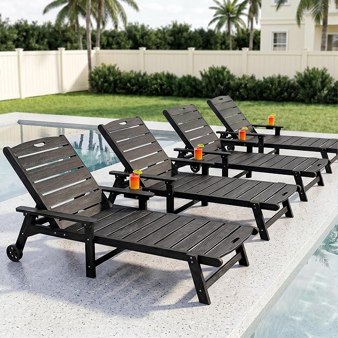 Outdoor Lounge Chair with 5-Position Adjustable, Outside Lounge Chair with Cup