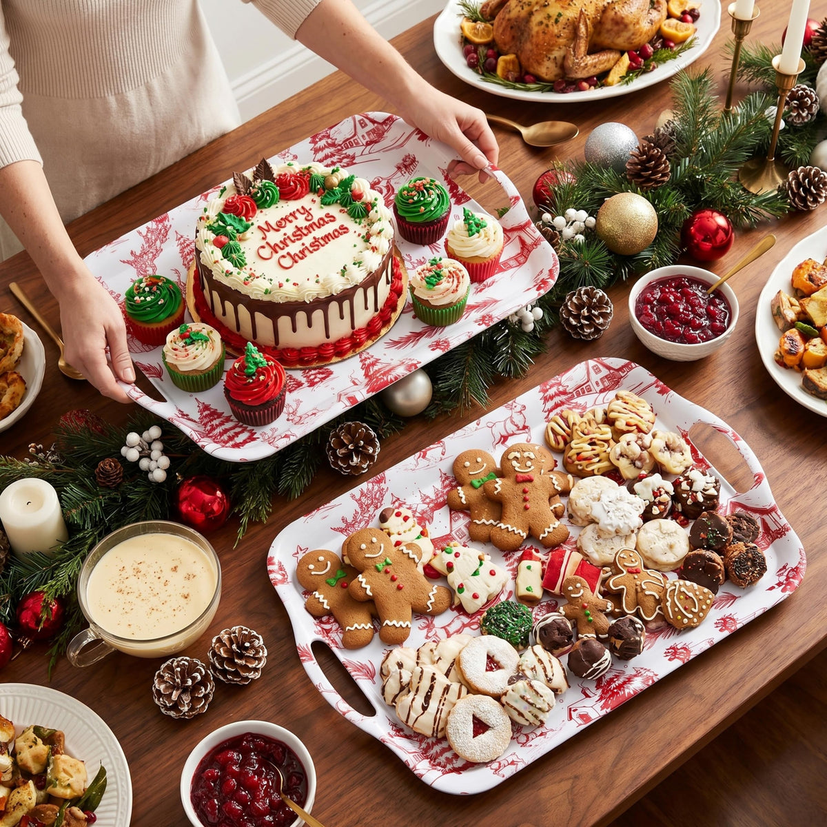 ONEderful 2-Pack Christmas Serving Trays – 18x13 Inches Winter Wonderland Handled Platters, Large Holiday Trays for Christmas Parties, Buffets & Family Gatherings (Christmas Color Scheme)