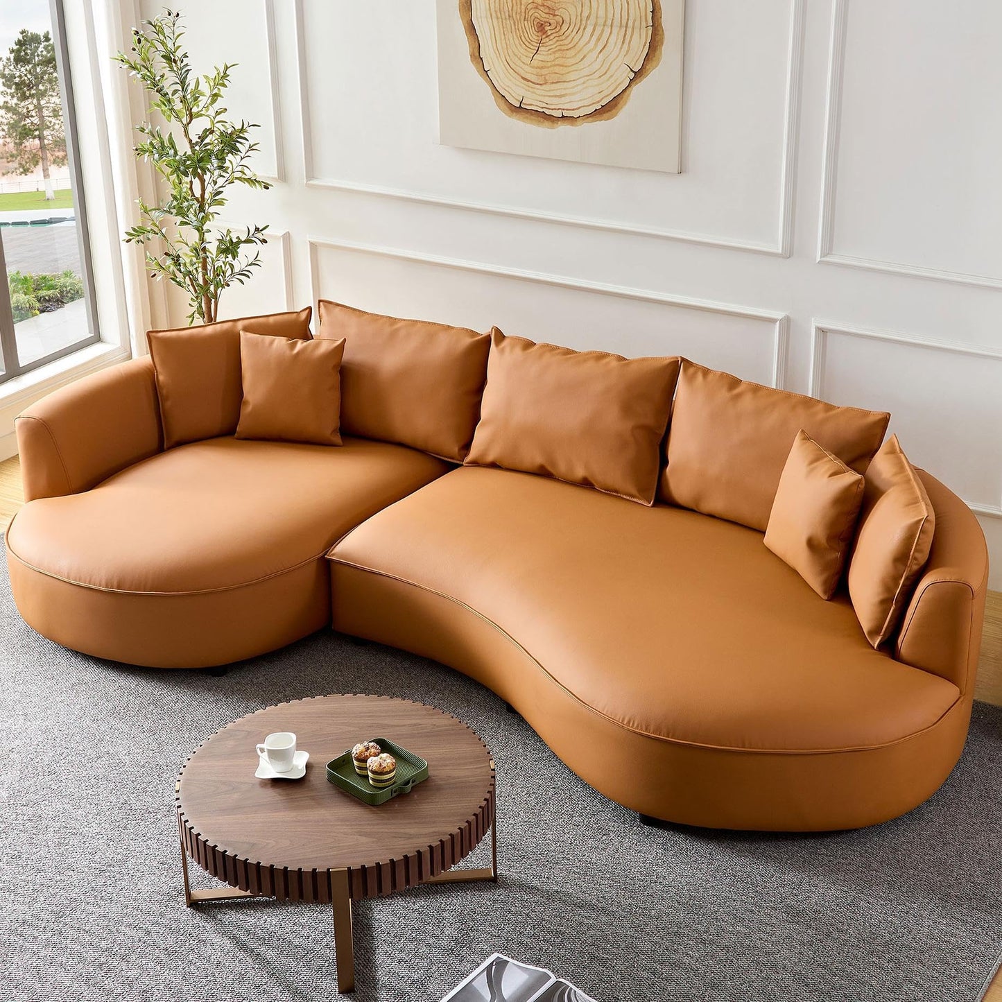 BBTJOINT Modern Curved Sofa for Living Room,Bonded Leather Upholstered Sectional,L-Shaped Round Couch with semicircualr Left Chaise Orange