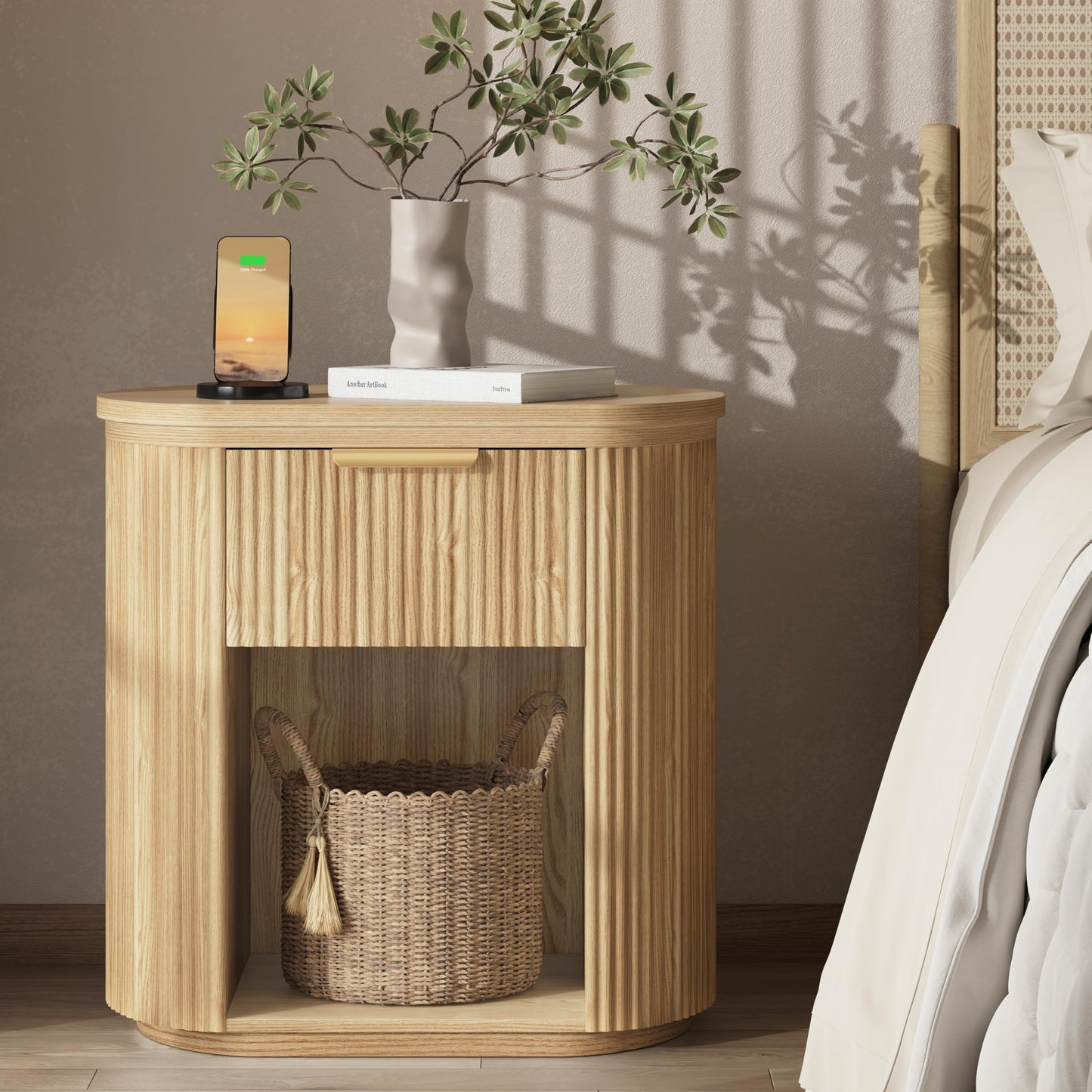 Fluted Nightstand with Charging Station, 23.6" Large Bedside Side Table with Drawer, Wood End Table with Storage, Curved Round Corner, Furniture Bedroom Sofa, Mid Century Modern, Farmhouse Boho,Oak