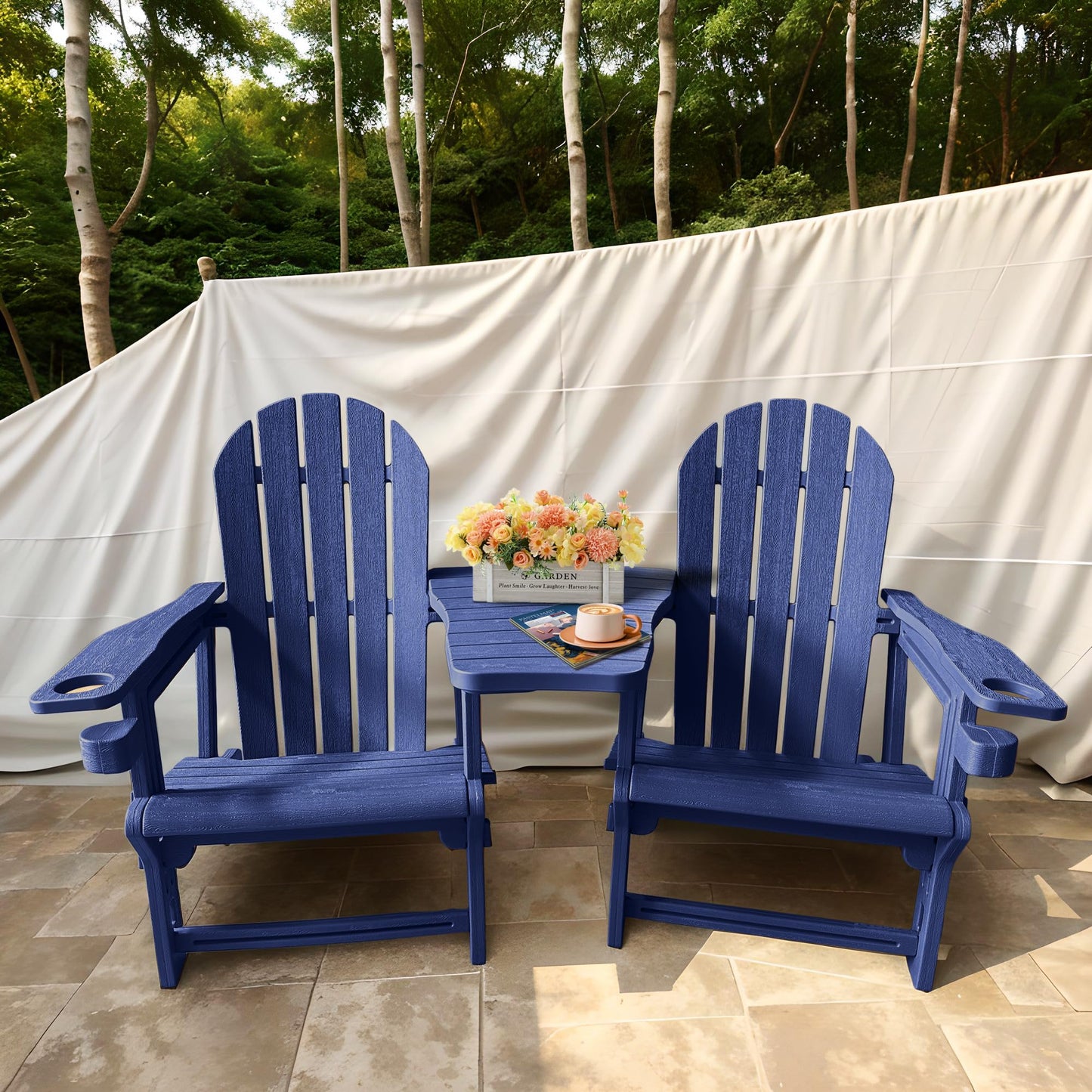 Adirondack Chairs Set of 2 Tool-Free Assembly,Removable Tabletop Tray,No Screws Needed,All-Weather HDPE Outdoor Patio Furniture Set with Cup Holders,Outdoor Lawn Chair for Patio Garden(Navy Blue)