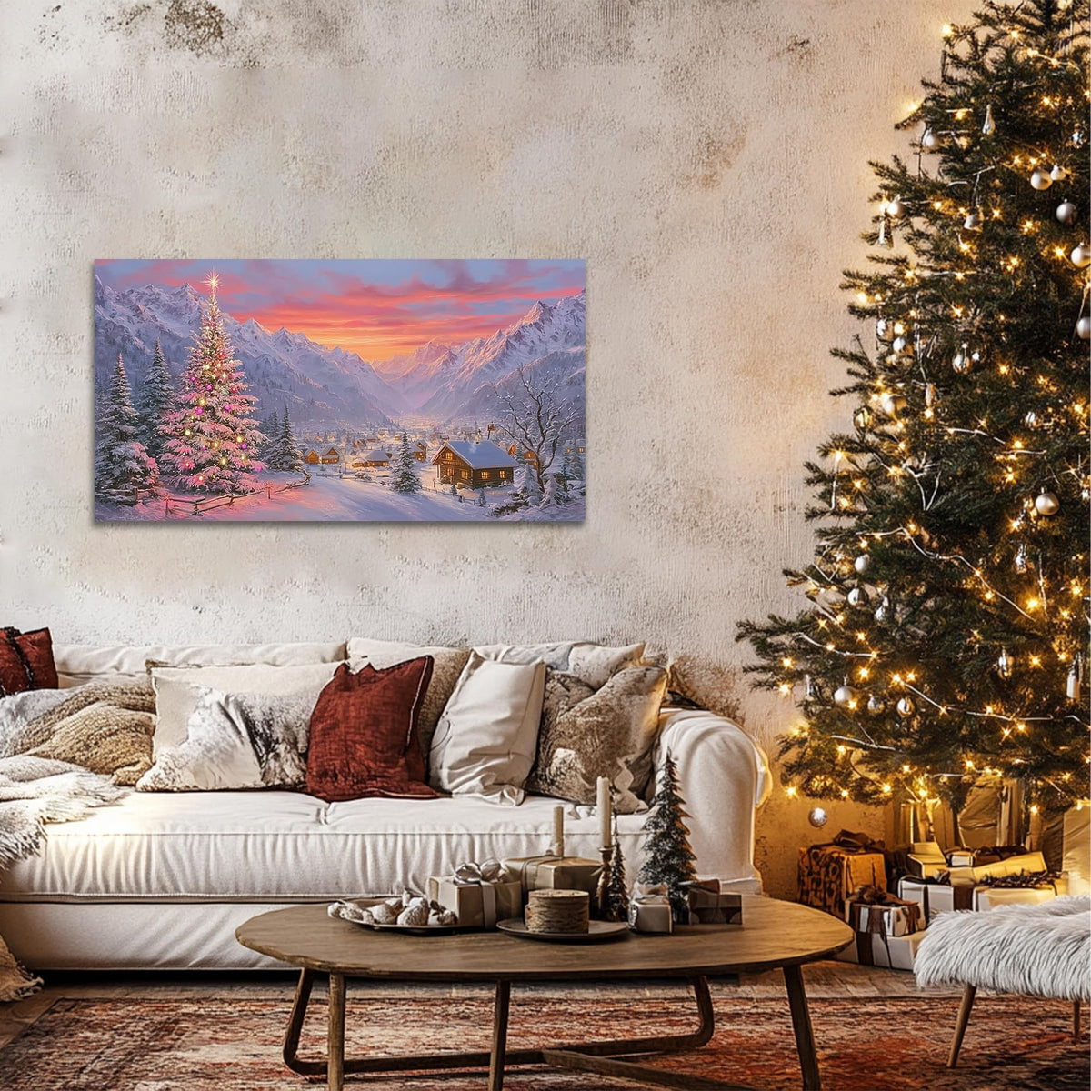 GUTTATY Christmas Canvas Wall Art, Santa Inspired Snow Scene Canvas Painting, Holiday Village Wall Decor, Festive Sunset Poster Print for Living Room, Bedroom, Indoor Christmas Decorations, 32x16 Inch