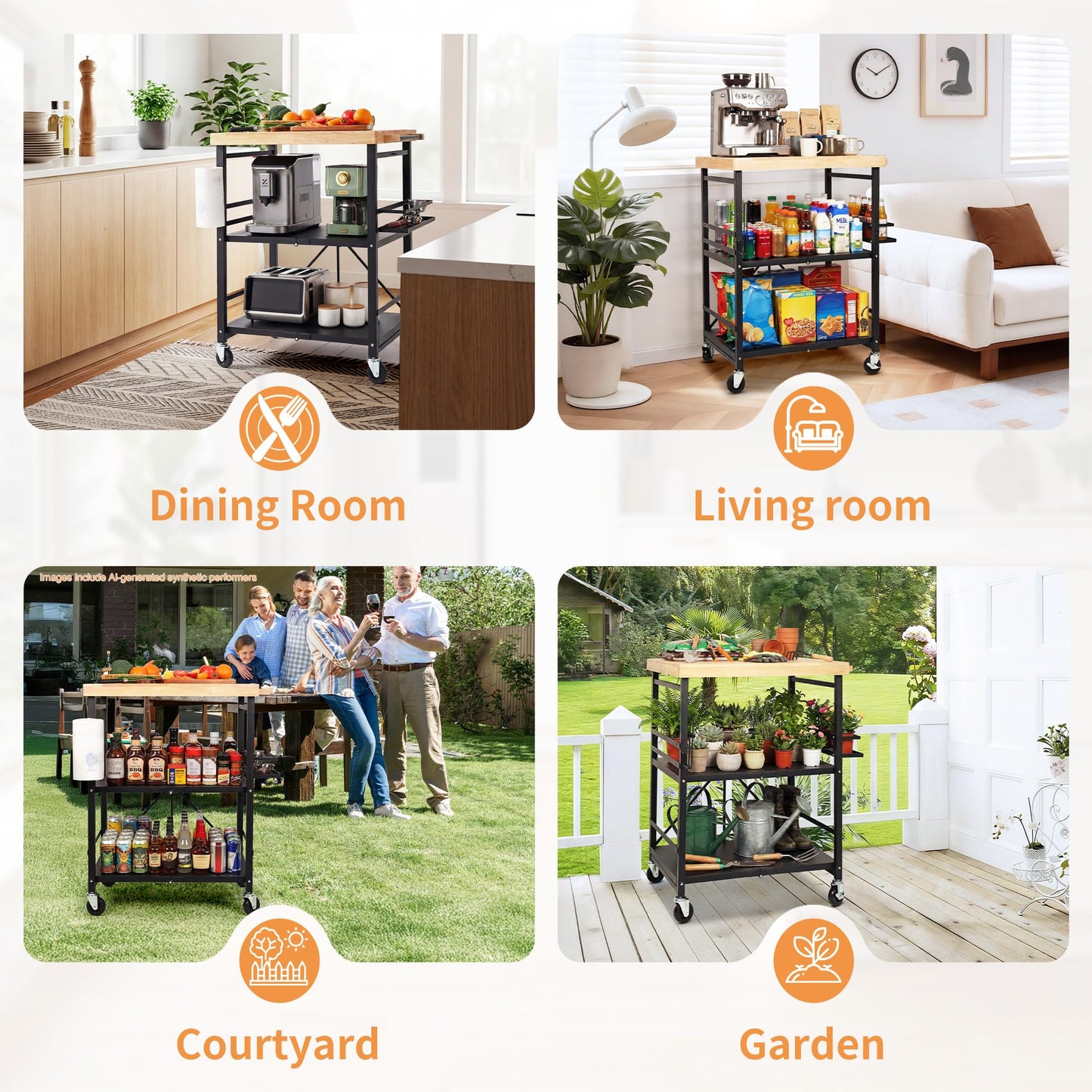 PLKOW Foldable Kitchen Cart with Solild Oak Wood Top, Rolling Kitchen Island on Wheels, 3-Tier Storage Utility Cart for Microwave, Toaster Oven, Small Spaces