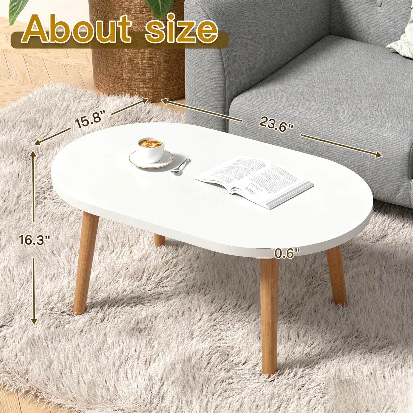 FAMIDGE Coffee Table, 23.6" Small Oval Coffee Tables for Small Space with 4 Solid Wood Leg, Floor Table Desk for Sitting on The Floor, Side Table Japanese Low Table for Living Room Apartment, White