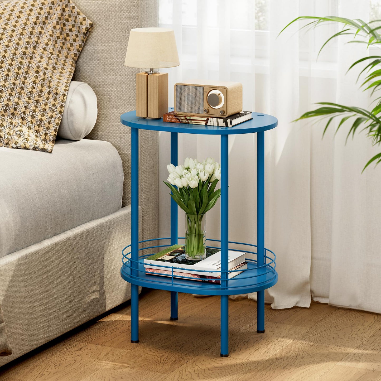 DGSANDGO Blue Oval Side Table,Side Tables Living Room,2-Tier Nightstand,Samll End Table for Small Space,Living Room,Bedroom, Nursery, (1PC,Blue)