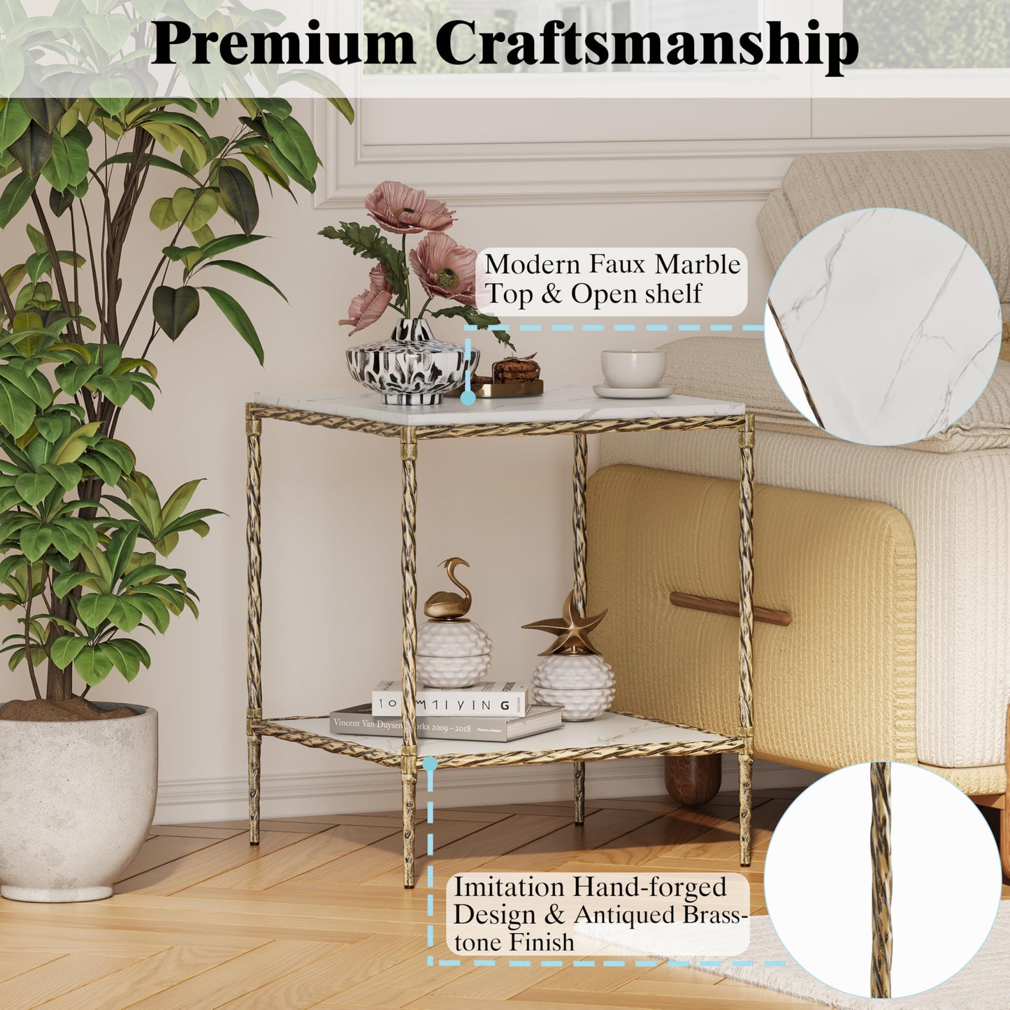 FormaCraft Antique Square End Table with a Marble-Effect Wooden Top, 20" Gold Side Table with 2-Tier Open Storage Shelves, Modern Square Accent Table with Antique Brass Finish for Living Room, Bedroom