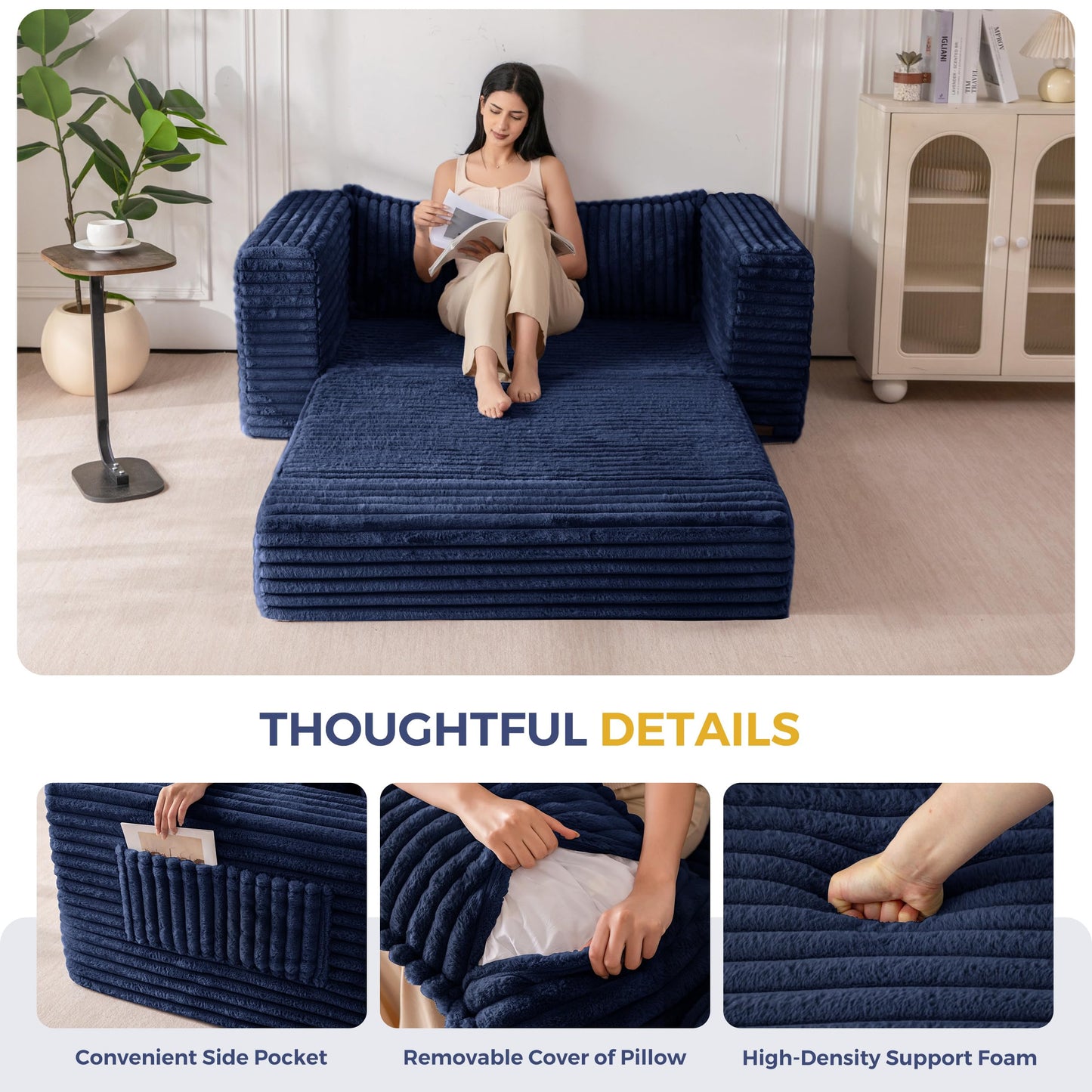 MAXYOYO Convertible Sofa Bed, 2 in 1 Folding Couch Bed for Small Space, Pull Out Loveseat Sofa Couch with Large Back Pillow, Plush Faux Fabric Lounge Couch for Living Room, Apartment, Navy