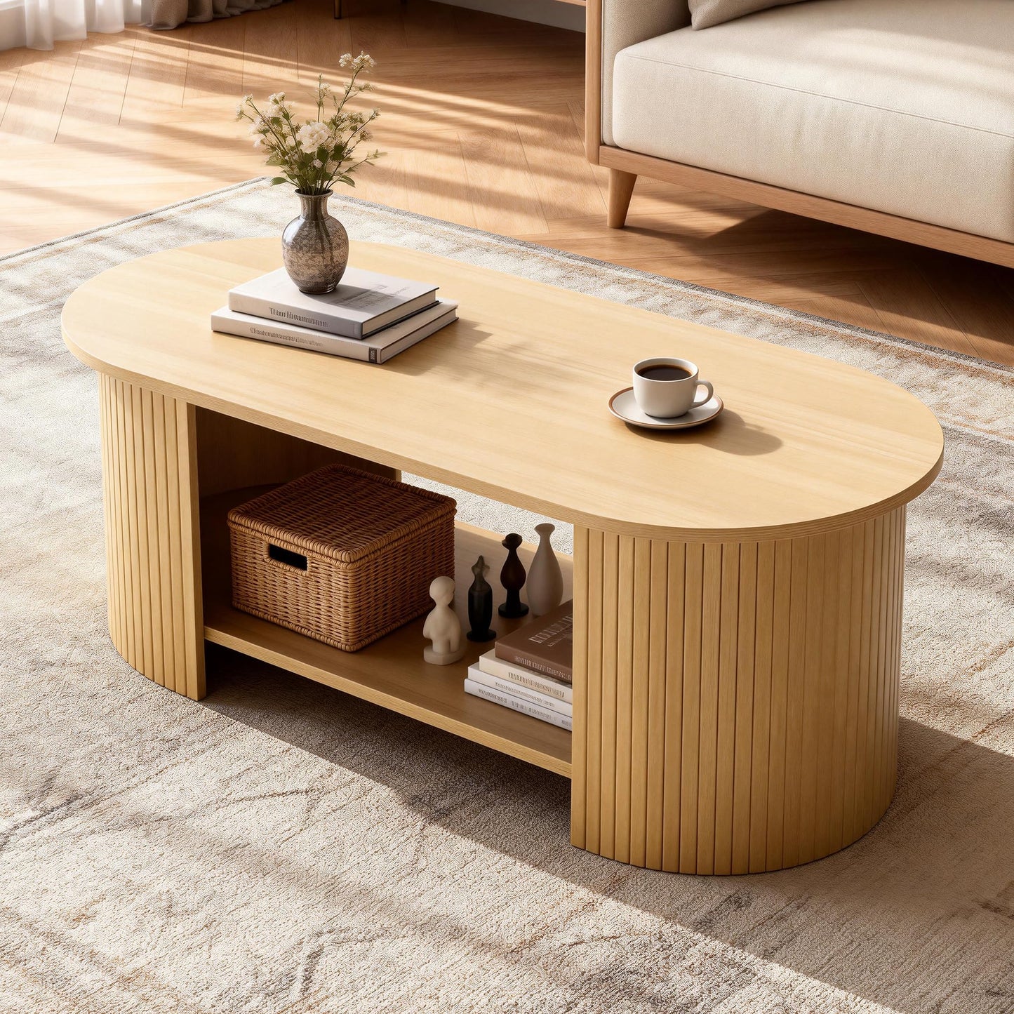 MXV Oval Fluted Coffee Table, 2-Tier Mid Century Modern Center Table, Tea Table with Large Storage, Farmhouse Coffees Table for Living Room, Office, Bedroom, Oak