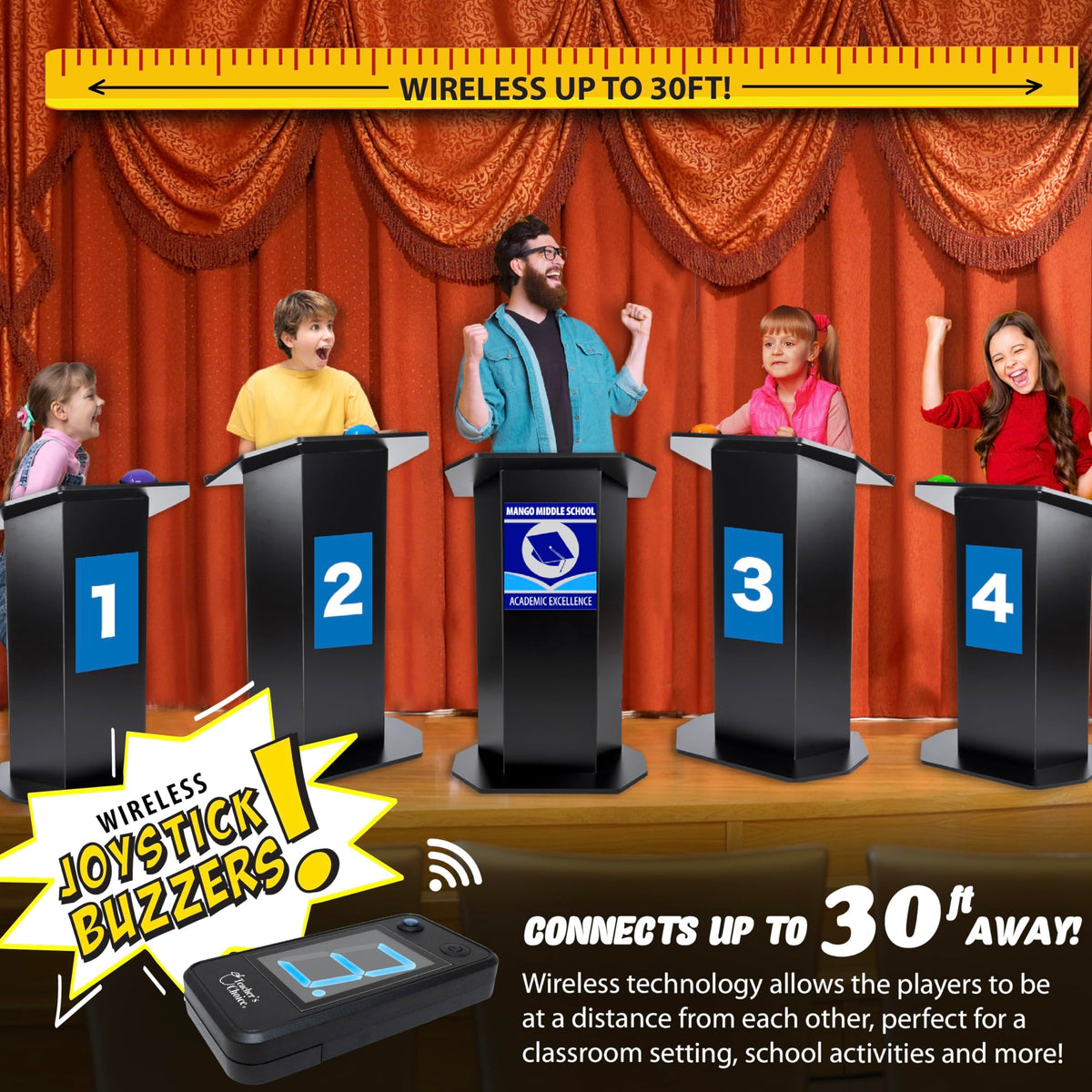 Teacher's Choice Wireless Light Up 8 Player Game Buzzer Button System | Displays the Winning Player | Loud, Unique Sounds Great for Trivia Games, Family Feud, Jeopardy, Competition, Spelling Bees