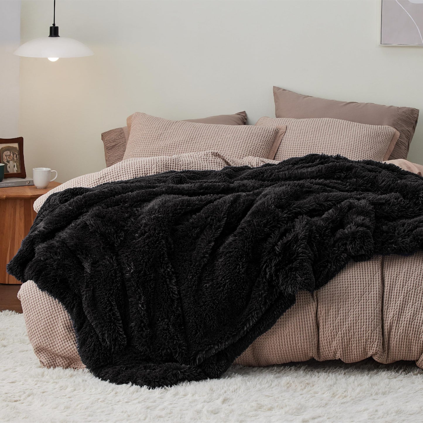 Bedsure GentleSoft Fluffy Black Blankets Queen Size for Bed, Thick Sherpa Faux Fur Fleece Fuzzy Plush Winter Warm Soft Full Queen Blankets, Bedroom Decor Black Gifts Cozy Gifts for Women Men, 90x90