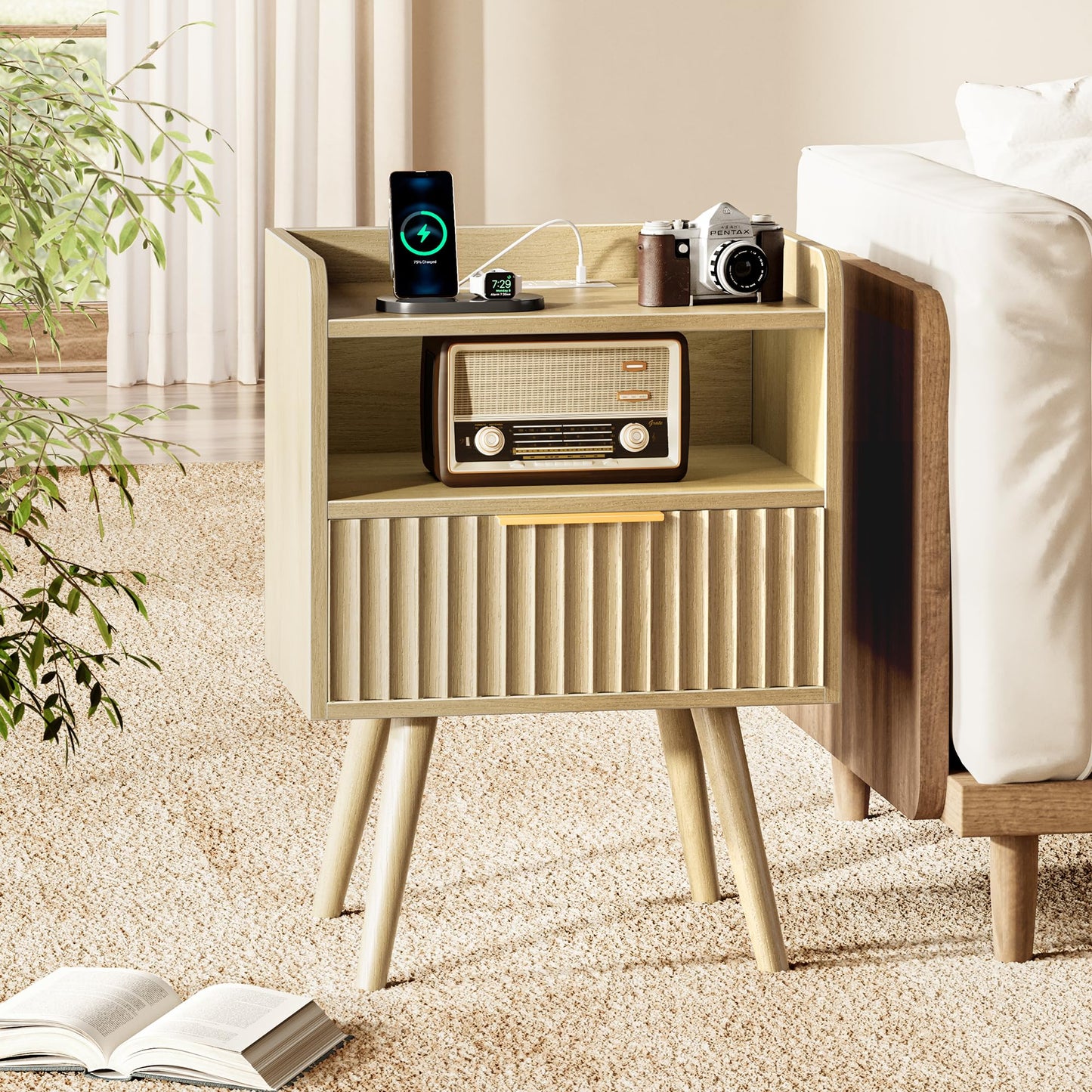Huuger Nightstand with Charging Station, USB-C Port, Fluted Night Stand with Drawer, Bed Side Table with Solid Wood Feet, Open Storage, End Table with Raised Edge, for Bedroom, Natural