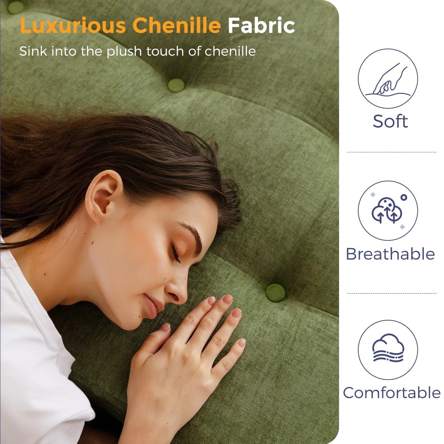 MAXYOYO 6" Folding Sofa Bed for Floor, Tufted Tri-Fold Floor Mattress with Chenille Fabric, Queen Size Portable Sofa Couch Guest Mat for Adults, Foldable Topper for Camping, Green, 59"x78.7"