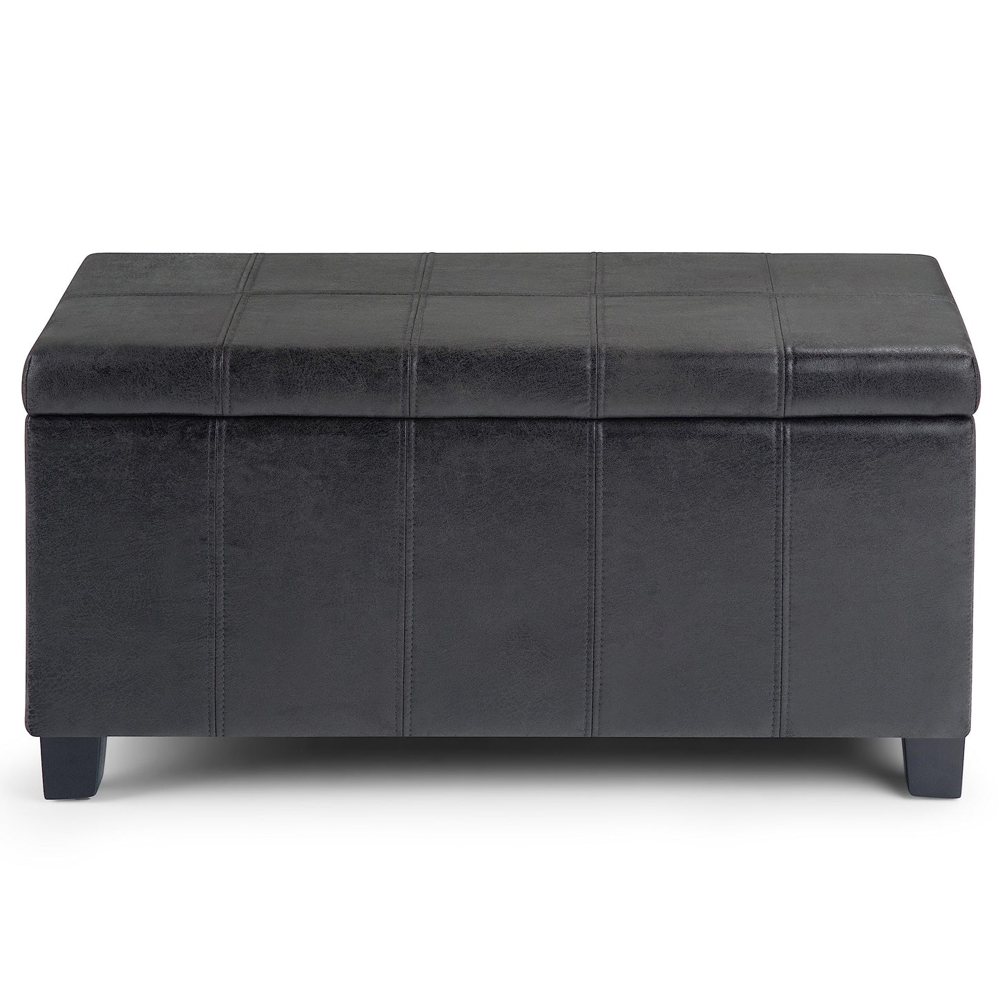 SIMPLIHOME Dover Storage Ottoman Bench - 36 inch Wide Upholstered Vegan Leather Rectangular Lift-Top Ottoman in Distressed Black, Contemporary Bench for Living Room with Safety Hinges