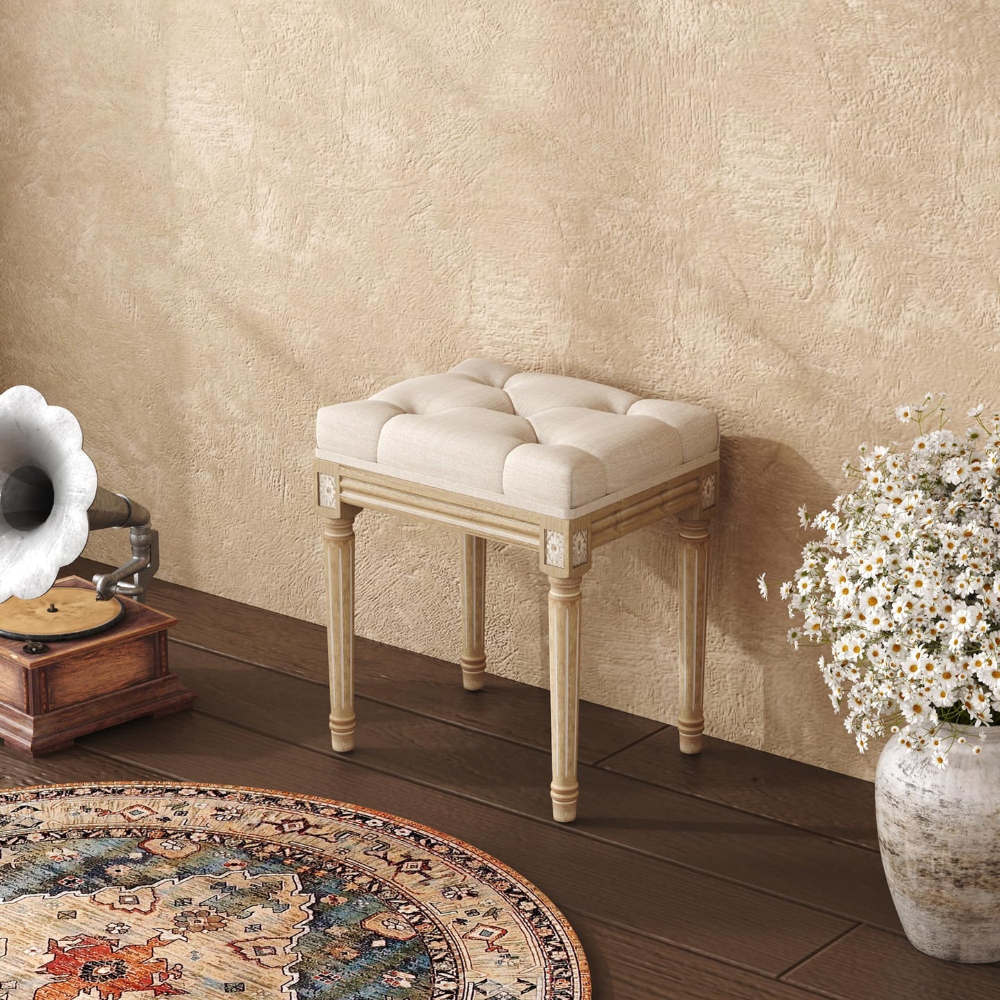 Yusong Vanity Stool Upholstered Bench Seat for Makeup Room, Vintage Small Bedroom Bench Dining Bench with Tufted Fabric for Living Room, Piano Stool with Rustic Wood, Easy Assemble,Beige
