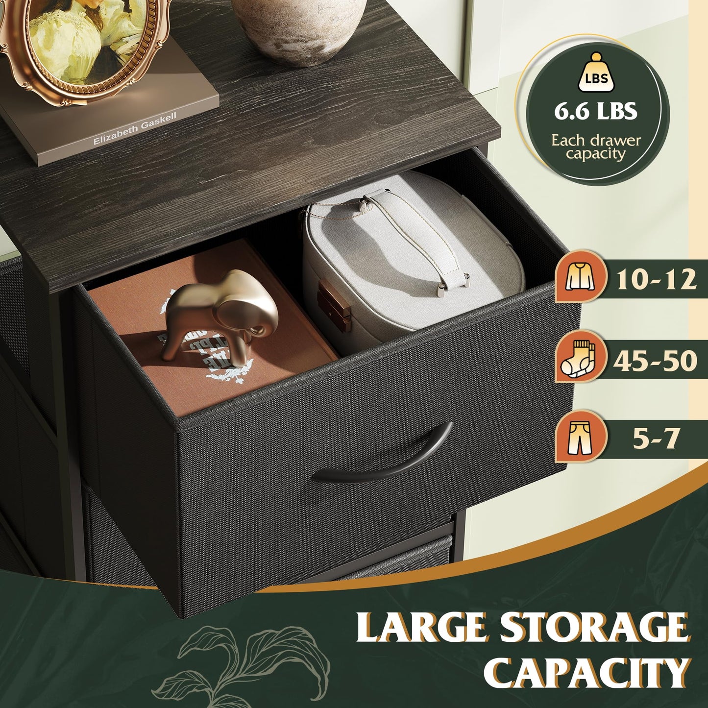 WLIVE Fabric Dresser, 5-Drawer Tall Dresser for Bedroom, Storage Organizer with Fabric Bins, Wood Top, Sturdy Steel Frame, Chest of Drawers for Closet, Hallway, Charcoal Black